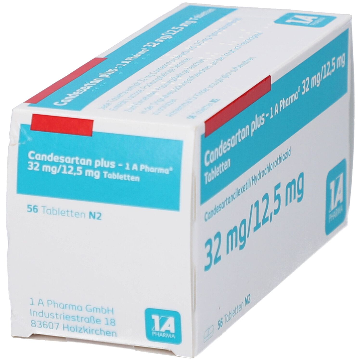 Candesartan plus - 1 A Pharma 32 mg/12,5 mg Tabletten. Weiße Schachtel, rote Akzente. Text und Logo.