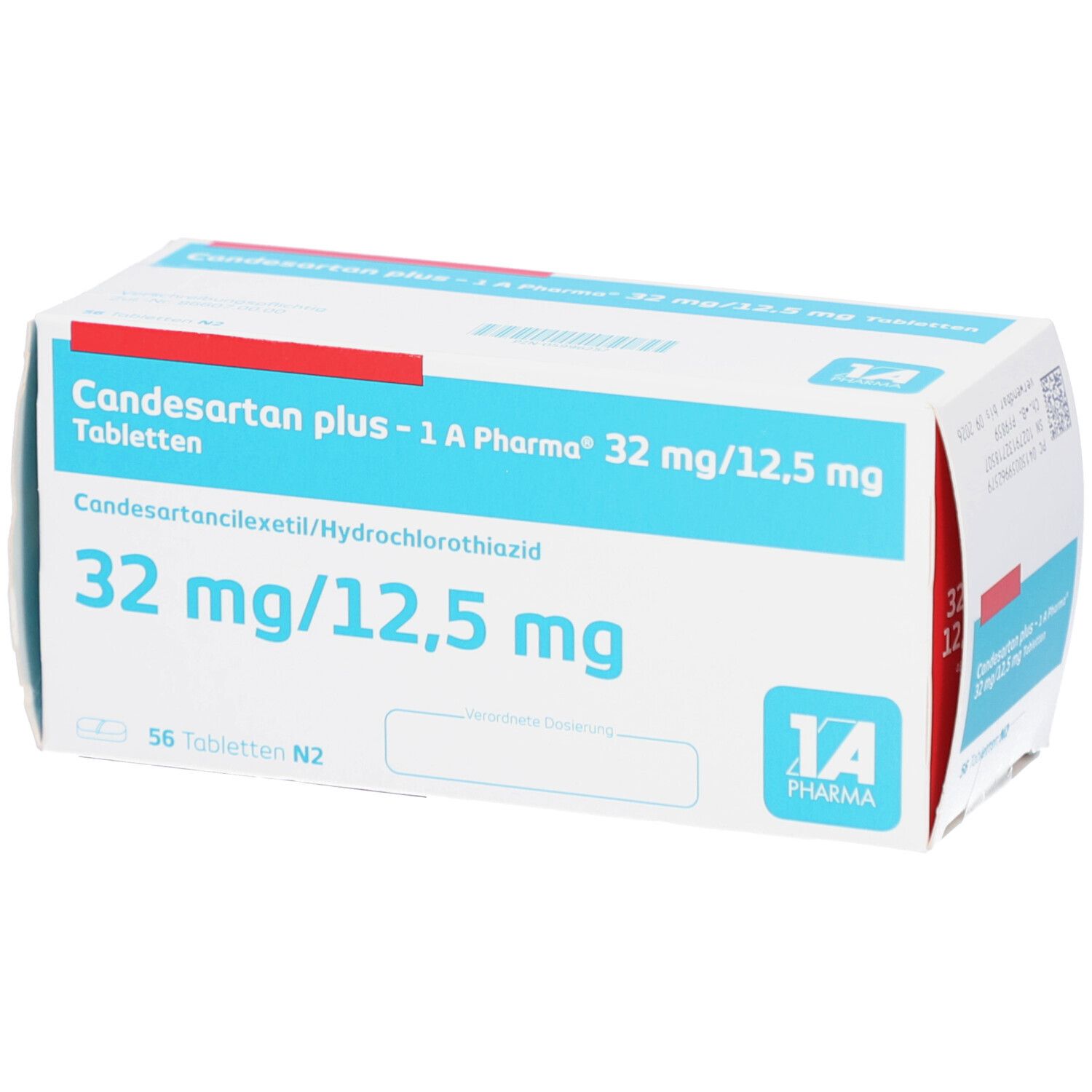 Candesartan plus - 1 A Pharma 32 mg/12,5 mg Tabletten. Weiße Schachtel mit blauen und roten Akzenten. Text.