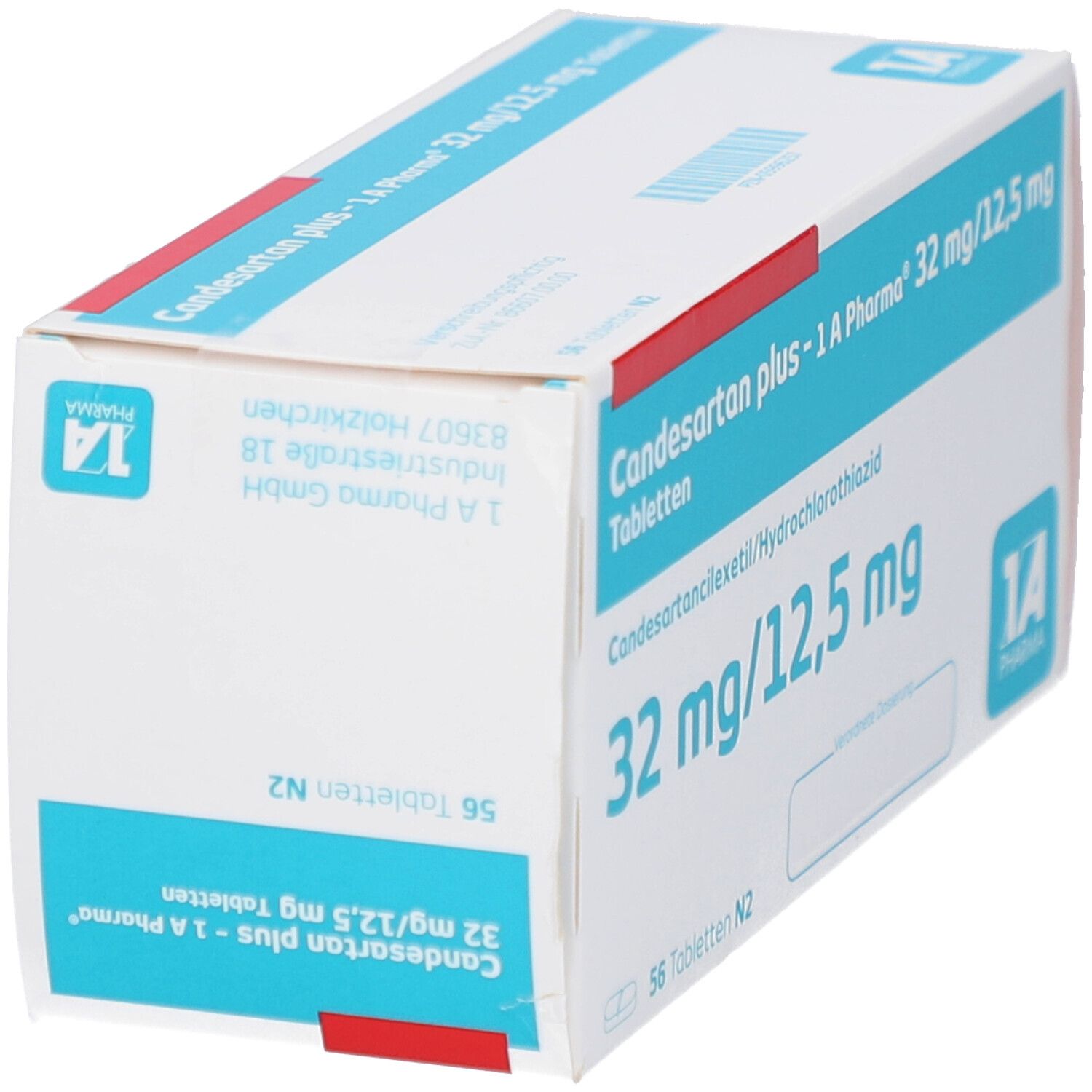 Candesartan plus - 1 A Pharma 32 mg/12,5 mg Tabletten. Weiße Schachtel, rote Akzente. Text und Logo.