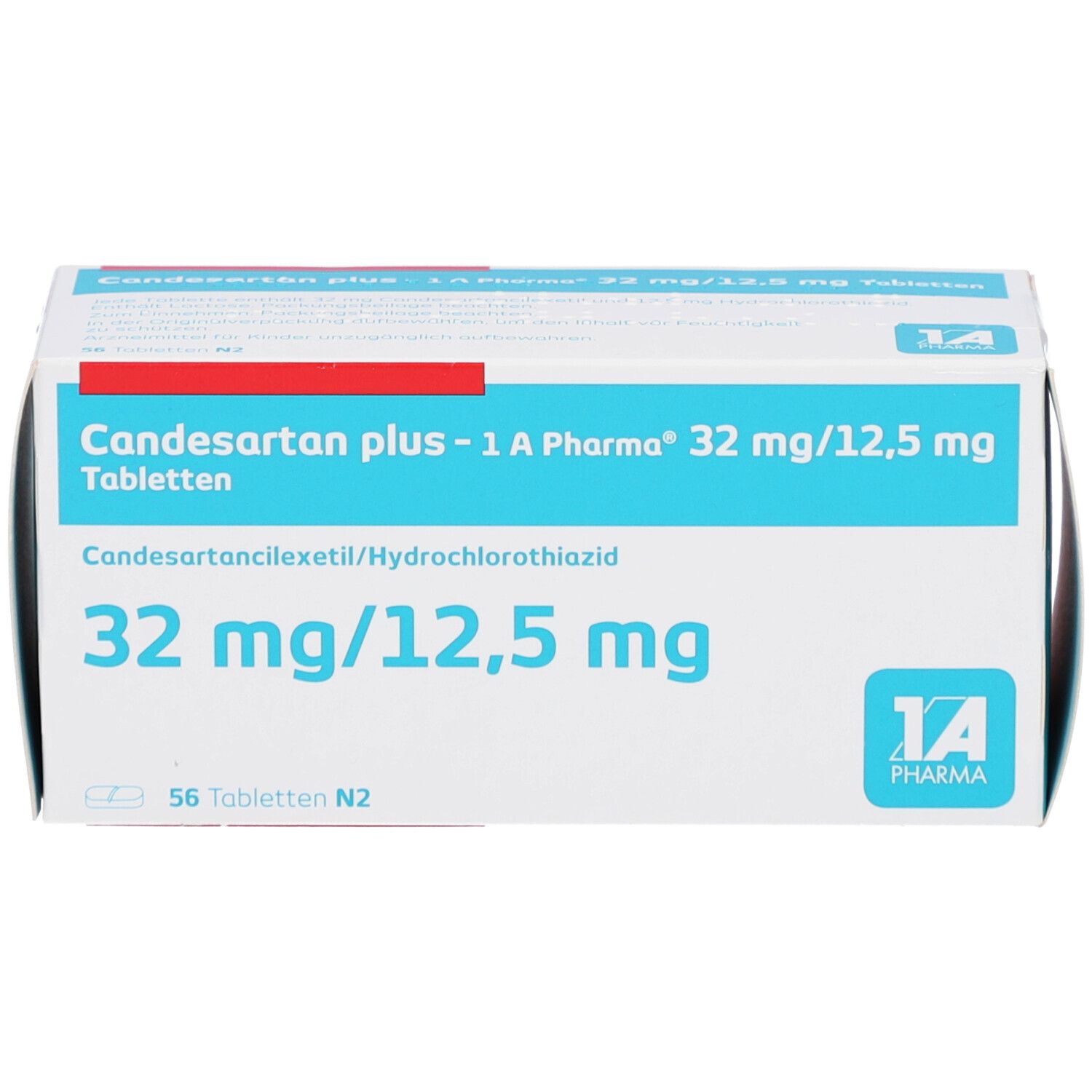 Candesartan plus - 1 A Pharma 32 mg/12,5 mg Tabletten. Weiße Schachtel mit blauen und roten Akzenten. Text.