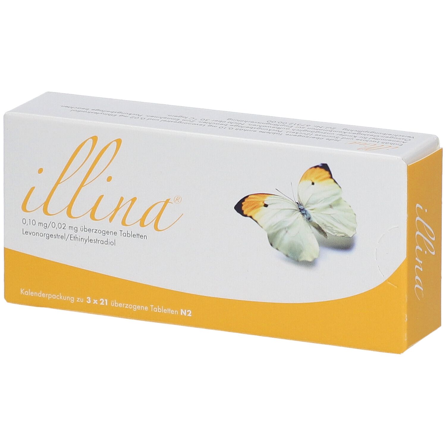 Schachtel mit dem Namen "illina" und Schmetterlingsabbildung. Enthält Tabletten. Gelb-weiße Verpackung.