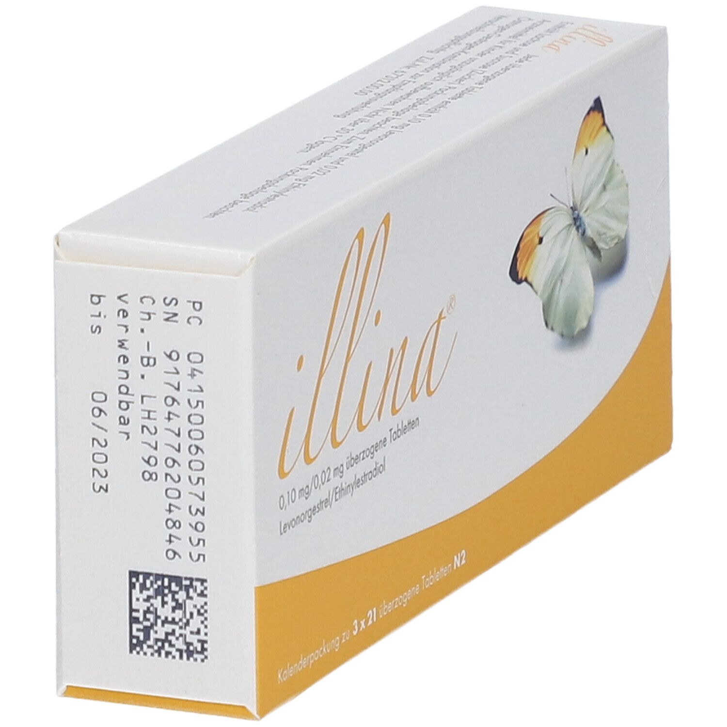 Schachtel "illina" mit Schmetterling. Enthält Tabletten. Aufdrucke mit Produktinformationen und Barcode.