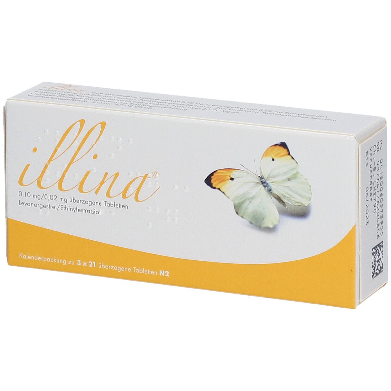 Schachtel "illina" mit Schmetterling. Enthält Tabletten. Gelb-weiße Verpackung. Produktinformationen.