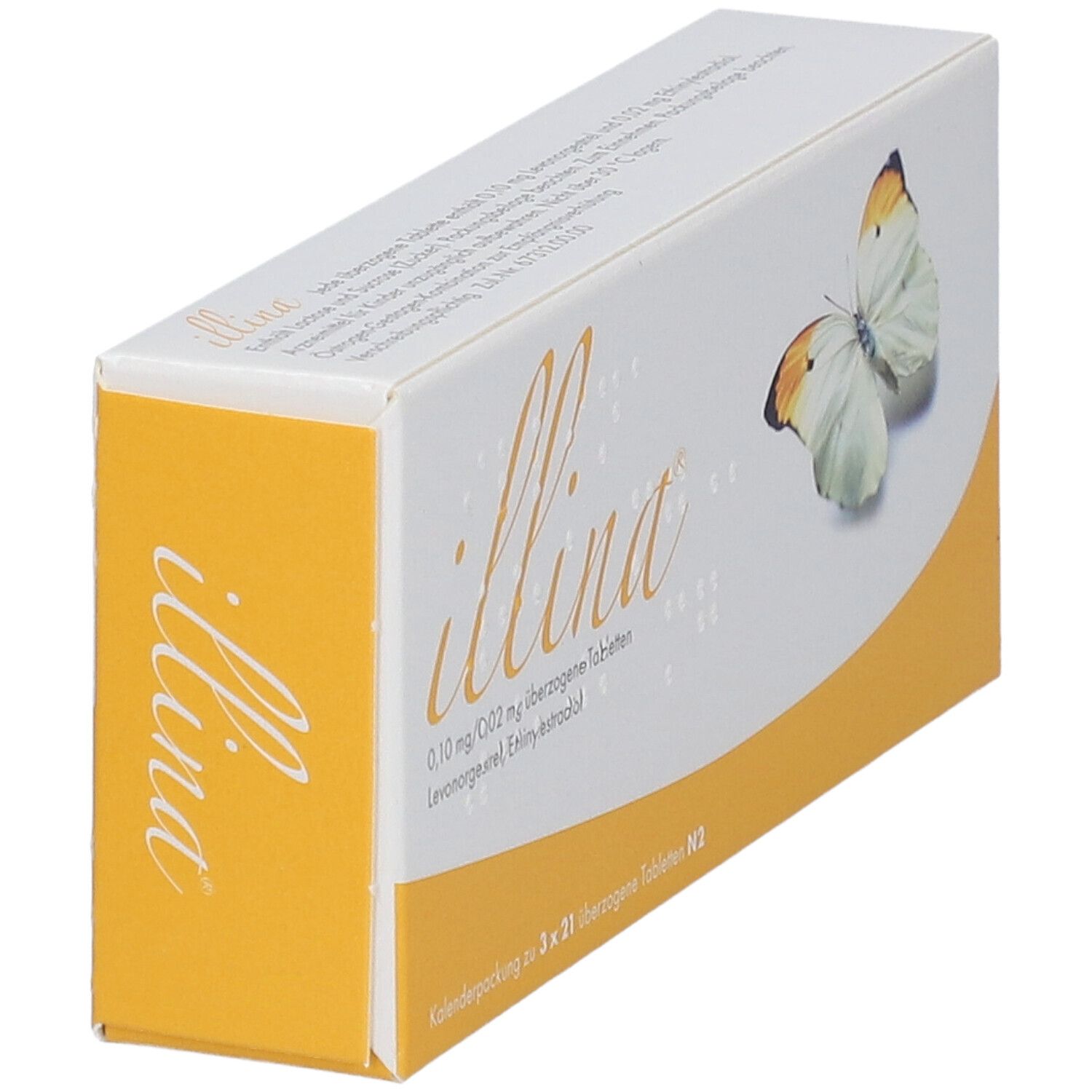 Schachtel "illina" mit Schmetterling. Enthält Tabletten. Gelb-weiße Verpackung. Schrägansicht.