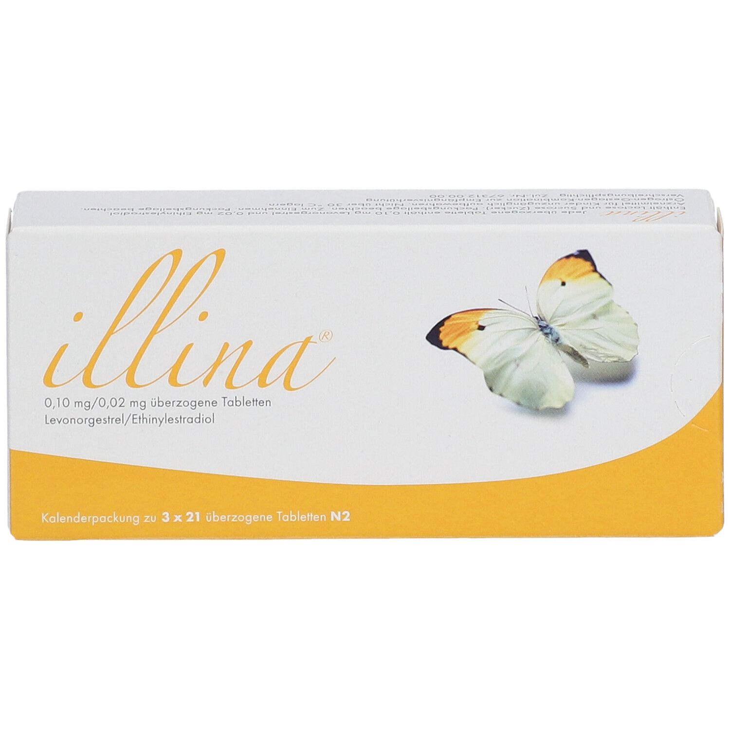 Schachtel "illina" mit Schmetterling. Enthält Tabletten. Gelb-weiße Verpackung. Frontalansicht.