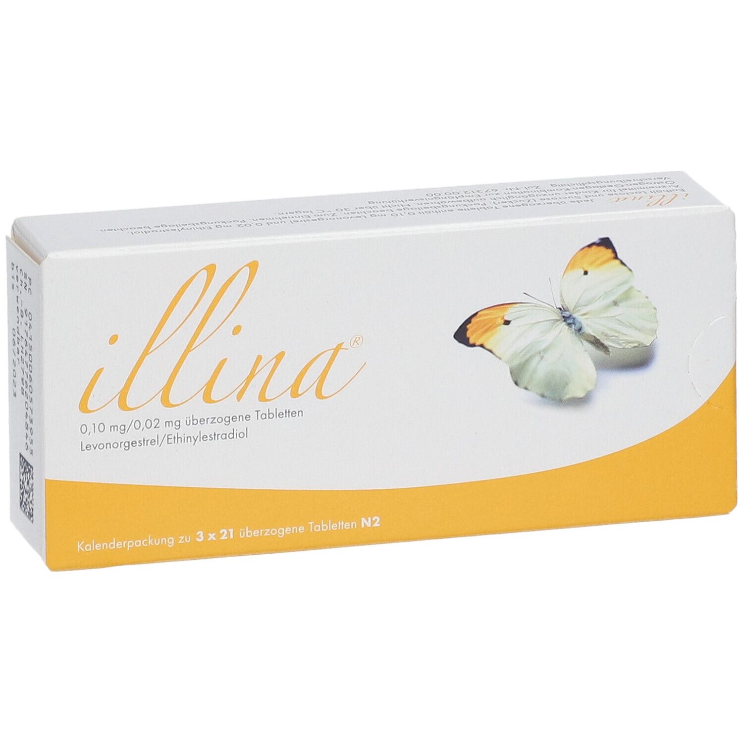 Schachtel "illina" mit Schmetterling. Enthält Tabletten. Gelb-weiße Verpackung. Frontalansicht.