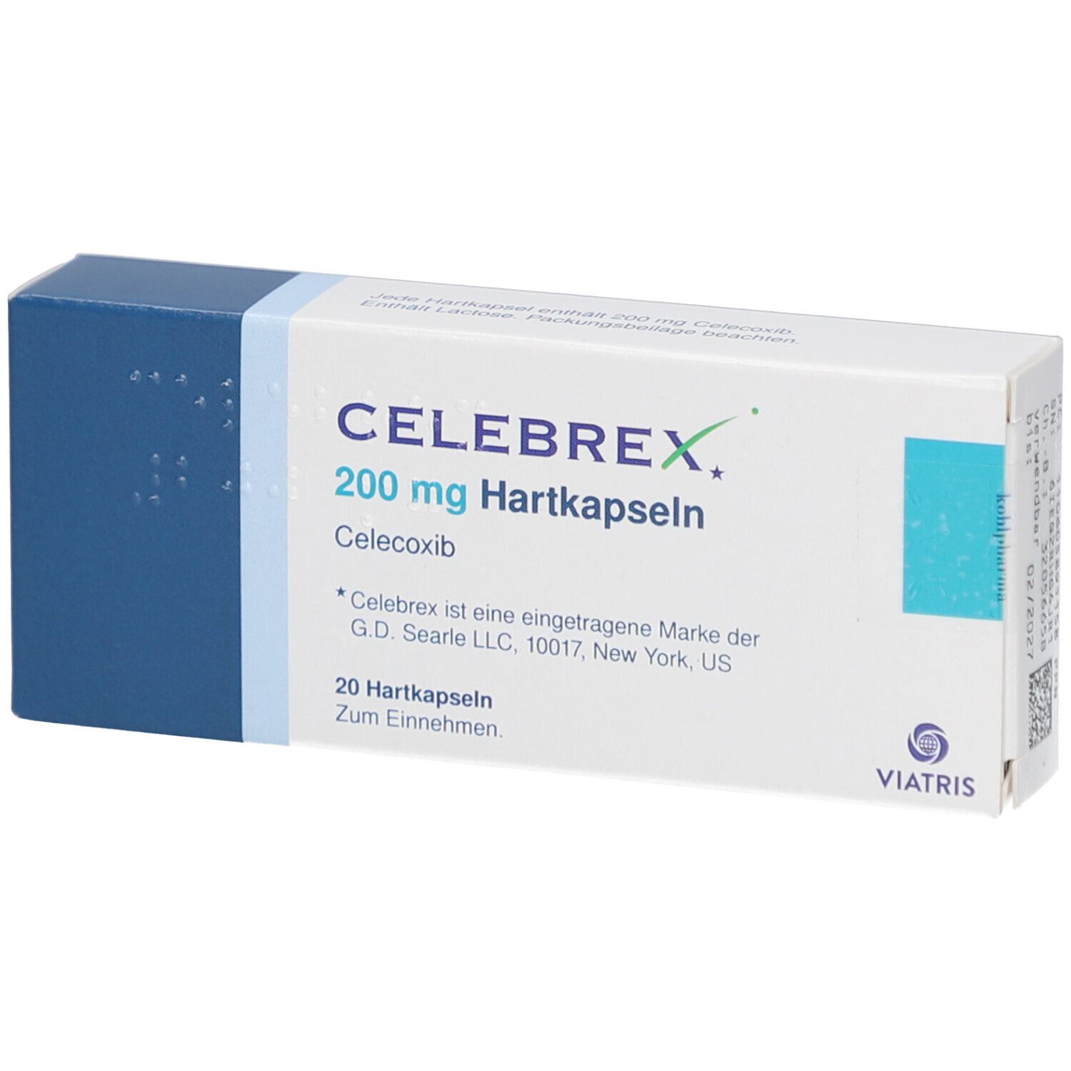 Schachtel Celebrex 200 mg Hartkapseln. Blaue und weiße Verpackung. Text: Celebrex, 200 mg, 20 Hartkapseln. Viatris Logo.