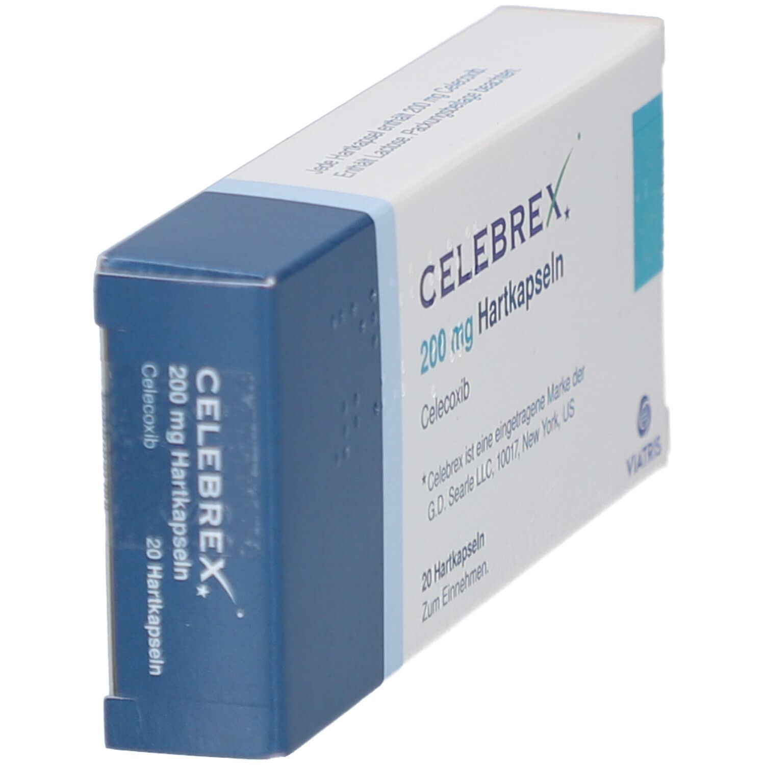 Schachtel Celebrex 200 mg Hartkapseln. Blaue und weiße Verpackung. Text: Celebrex, 200 mg, 20 Hartkapseln. Viatris Logo.