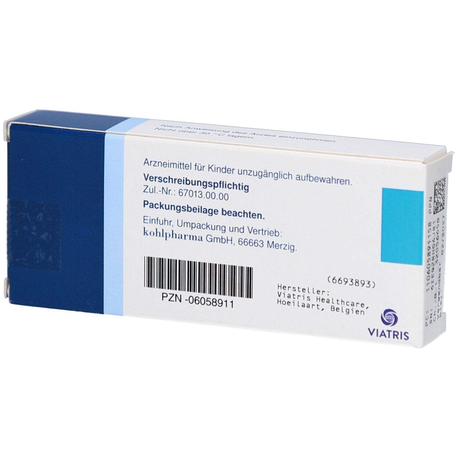 Rückseite der Celebrex-Verpackung. Text: Arzneimittel, Verschreibungspflichtig, PZN-06058911, Hersteller Viatris Healthcare.