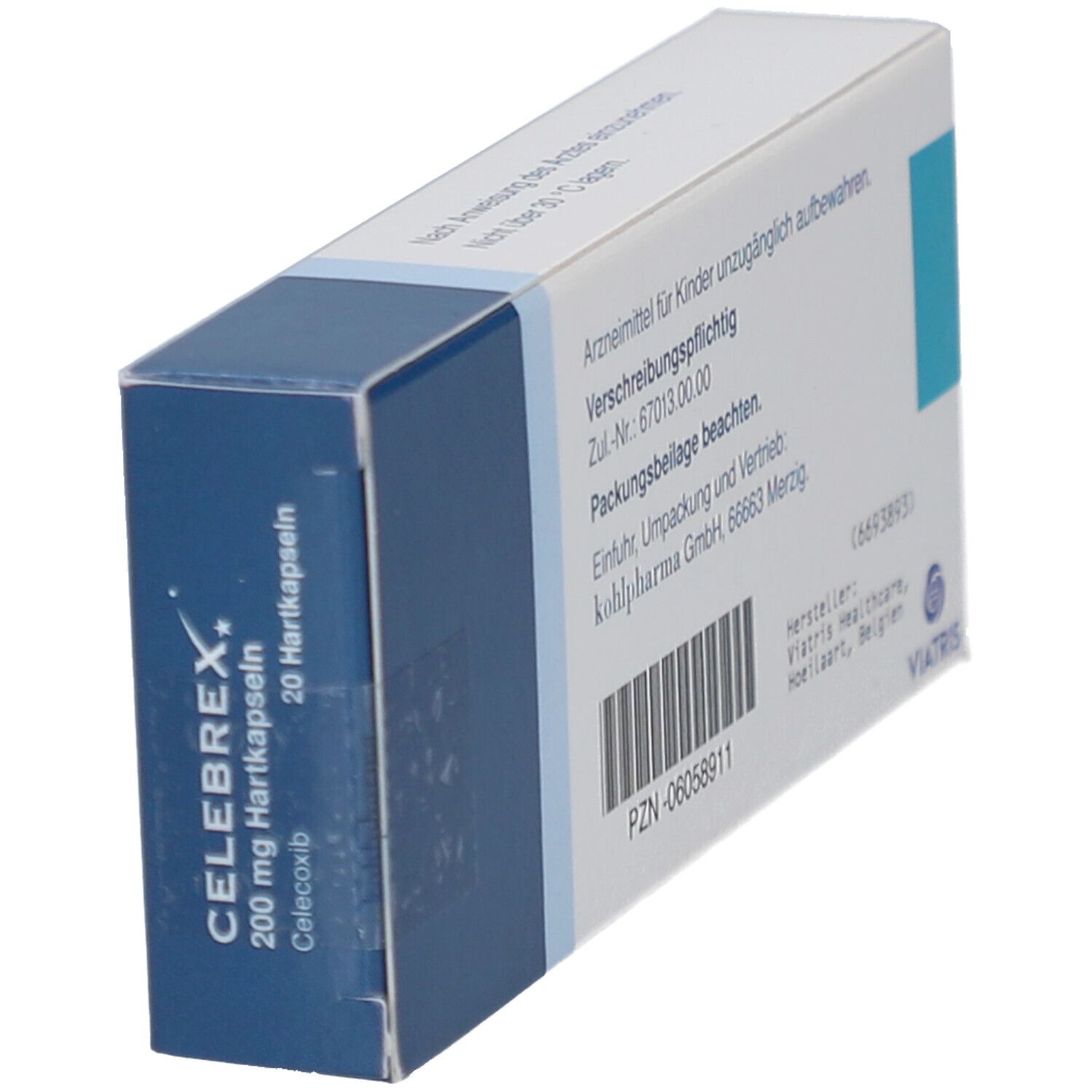 Schachtel Celebrex 200 mg Hartkapseln. Blaue und weiße Verpackung. Text: Celebrex, 200 mg, 20 Hartkapseln. Viatris Logo.