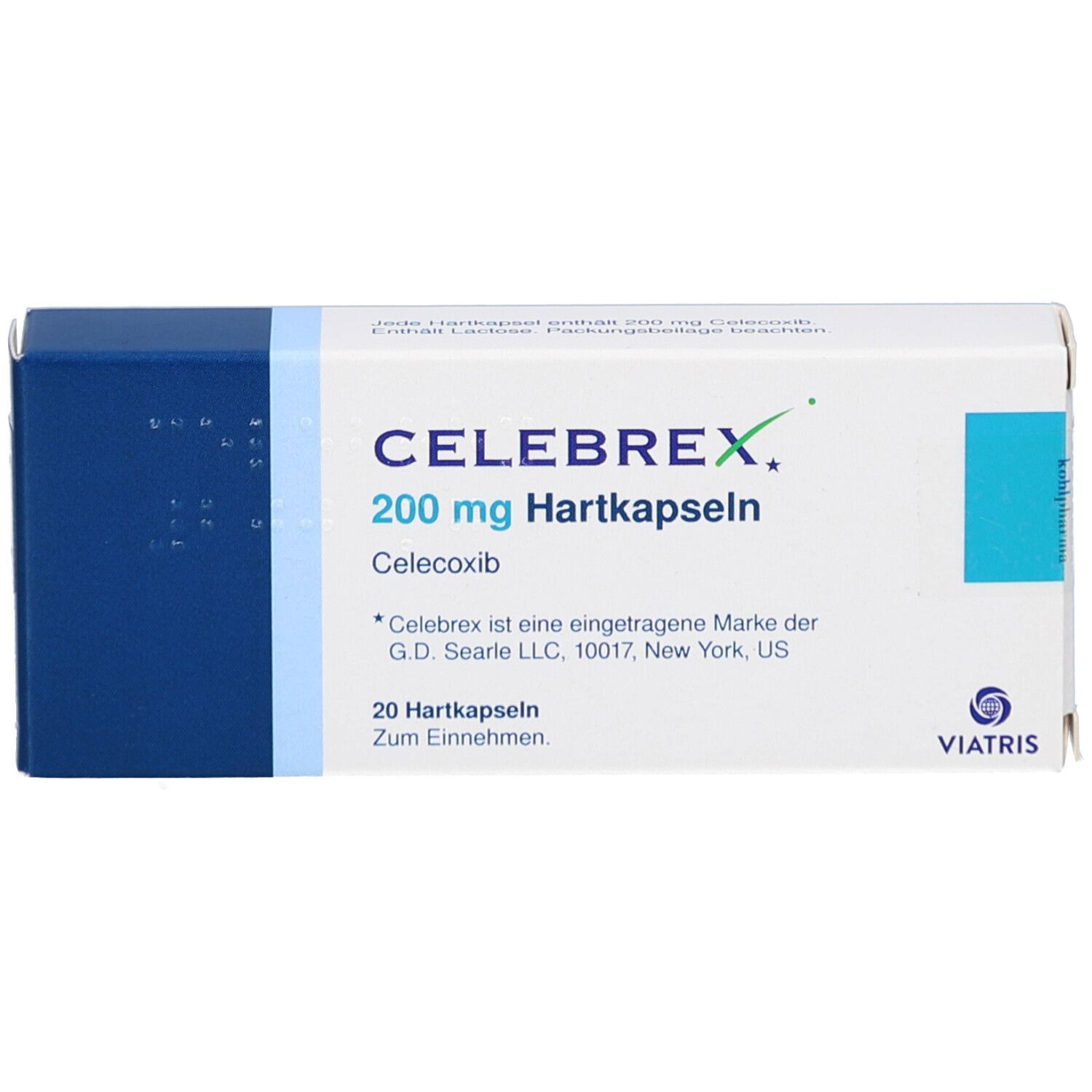 Schachtel Celebrex 200 mg Hartkapseln. Blaue und weiße Verpackung. Text: Celebrex, 200 mg, 20 Hartkapseln. Viatris Logo.