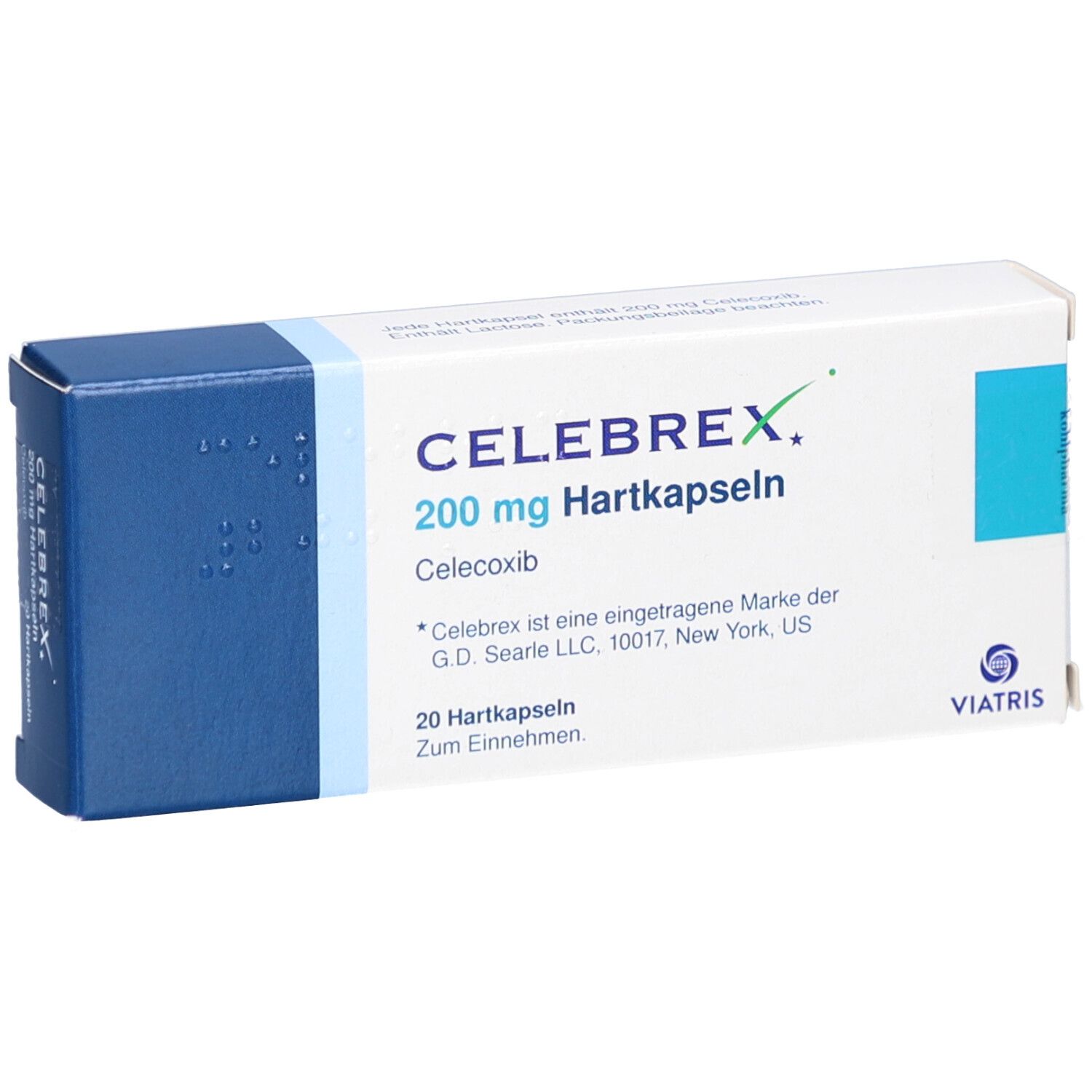 Schachtel Celebrex 200 mg Hartkapseln. Blaue und weiße Verpackung. Text: Celebrex, 200 mg, 20 Hartkapseln. Viatris Logo.