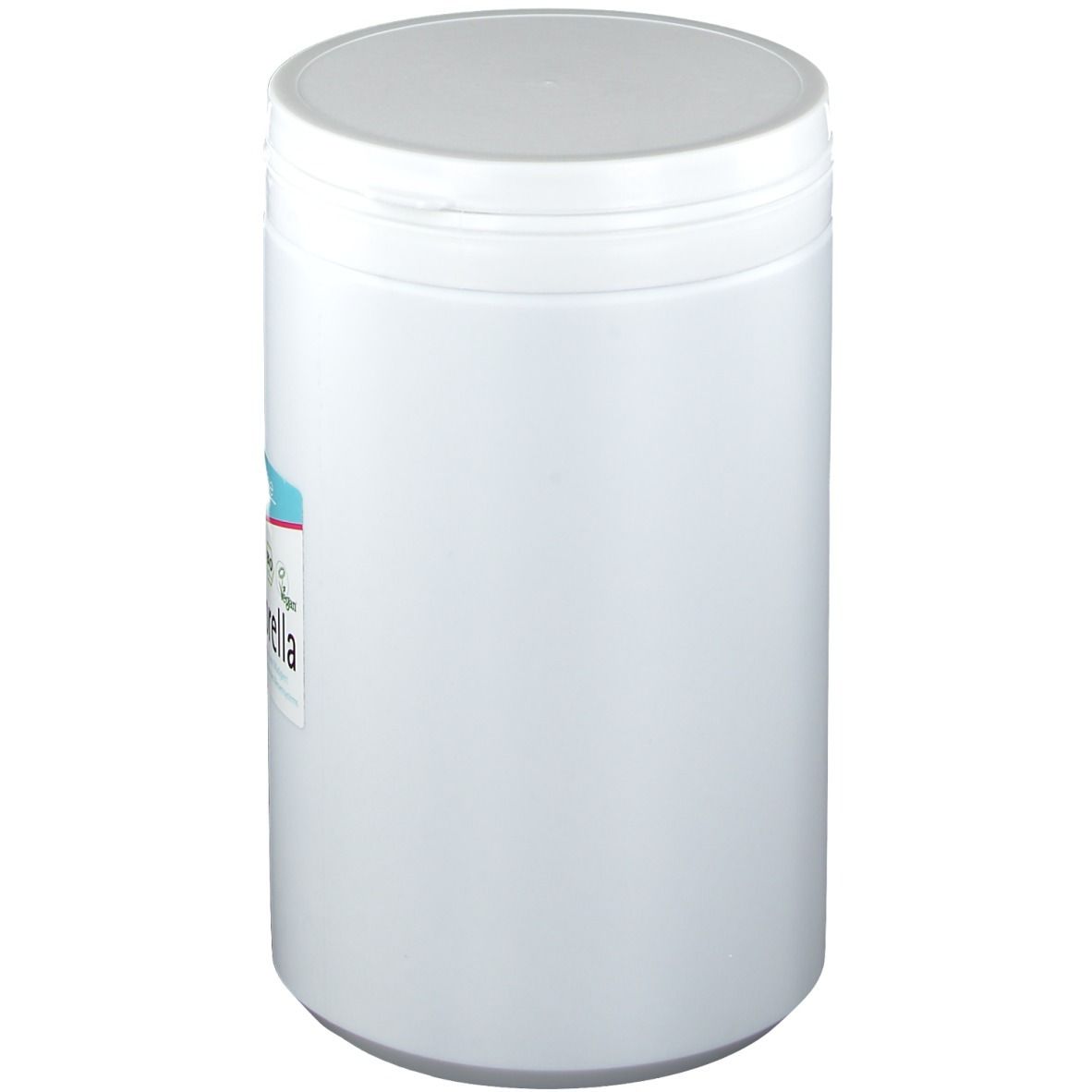Weißer zylindrischer Behälter mit weißem Deckel. Etikett teilweise sichtbar.