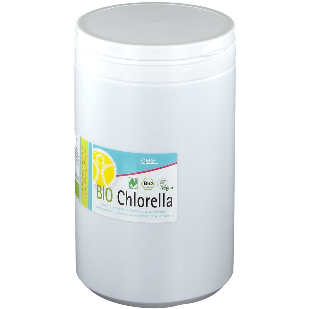 Weißer Behälter mit Deckel. Aufkleber mit "BIO Chlorella" und Logos. Vegan- und Bio-Siegel.