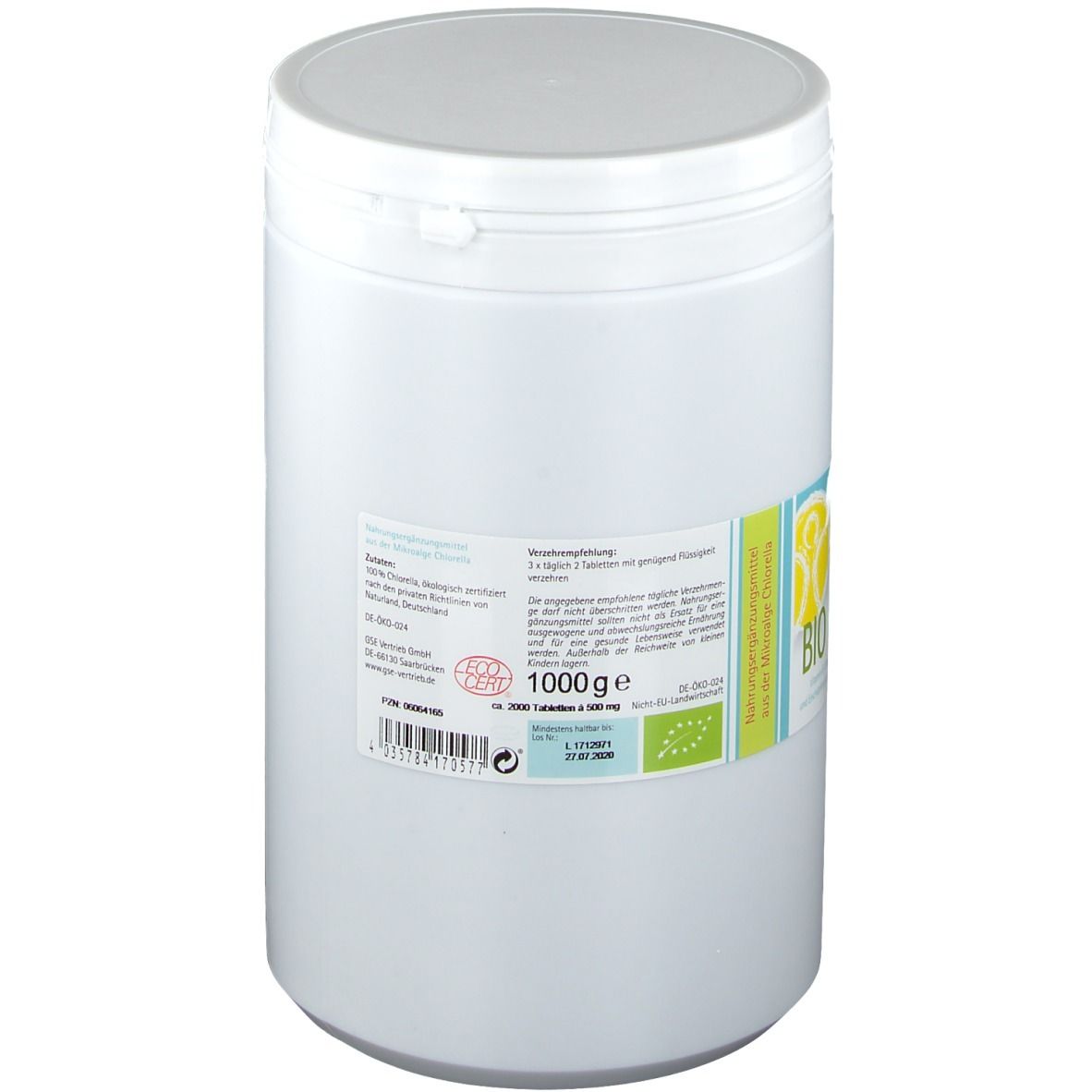 Weißer Behälter mit Deckel. Aufkleber mit "BIO Chlorella", Text, Logos und Bio-Siegel. 1000g.