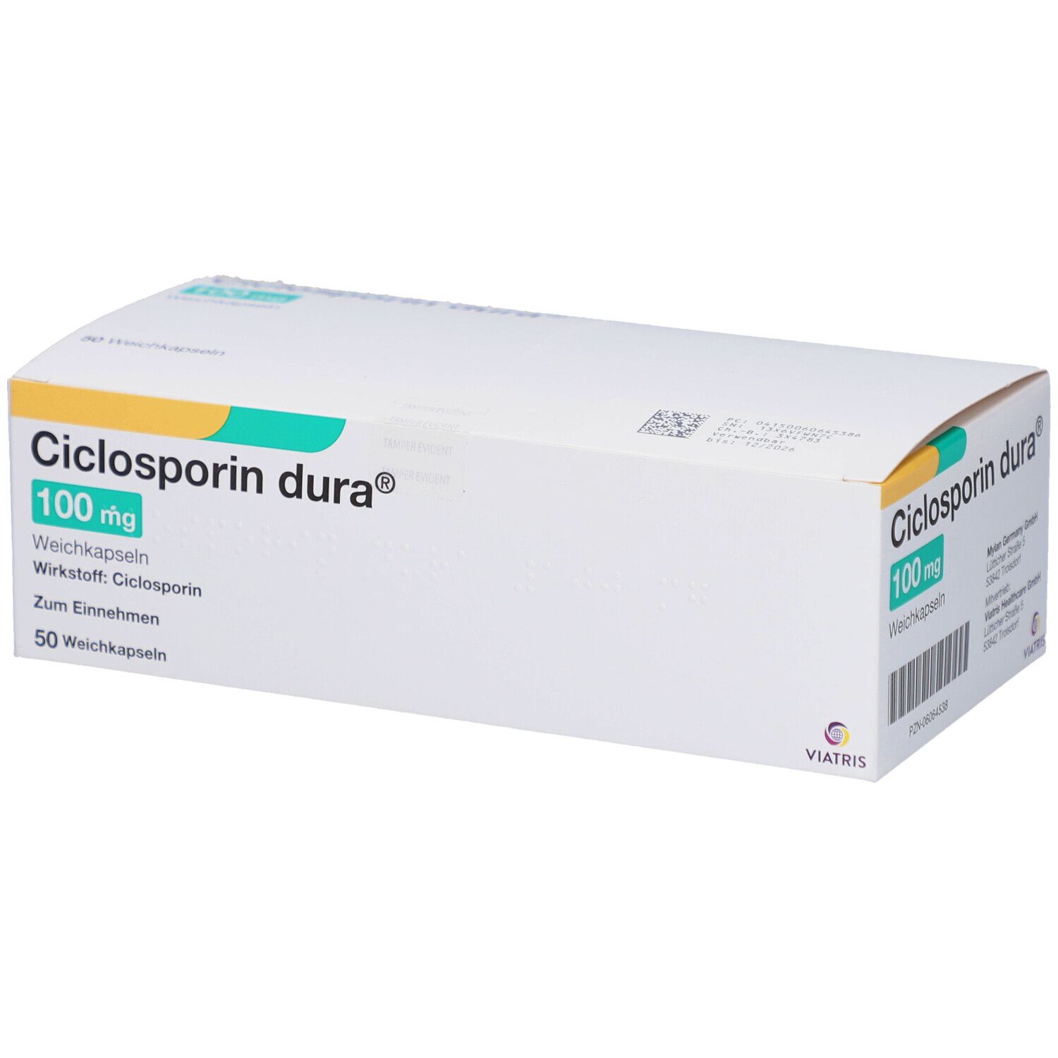 Schachtel mit Ciclosporin dura® 100 mg. Weiße Verpackung mit grüner und gelber Schrift. 50 Weichkapseln.