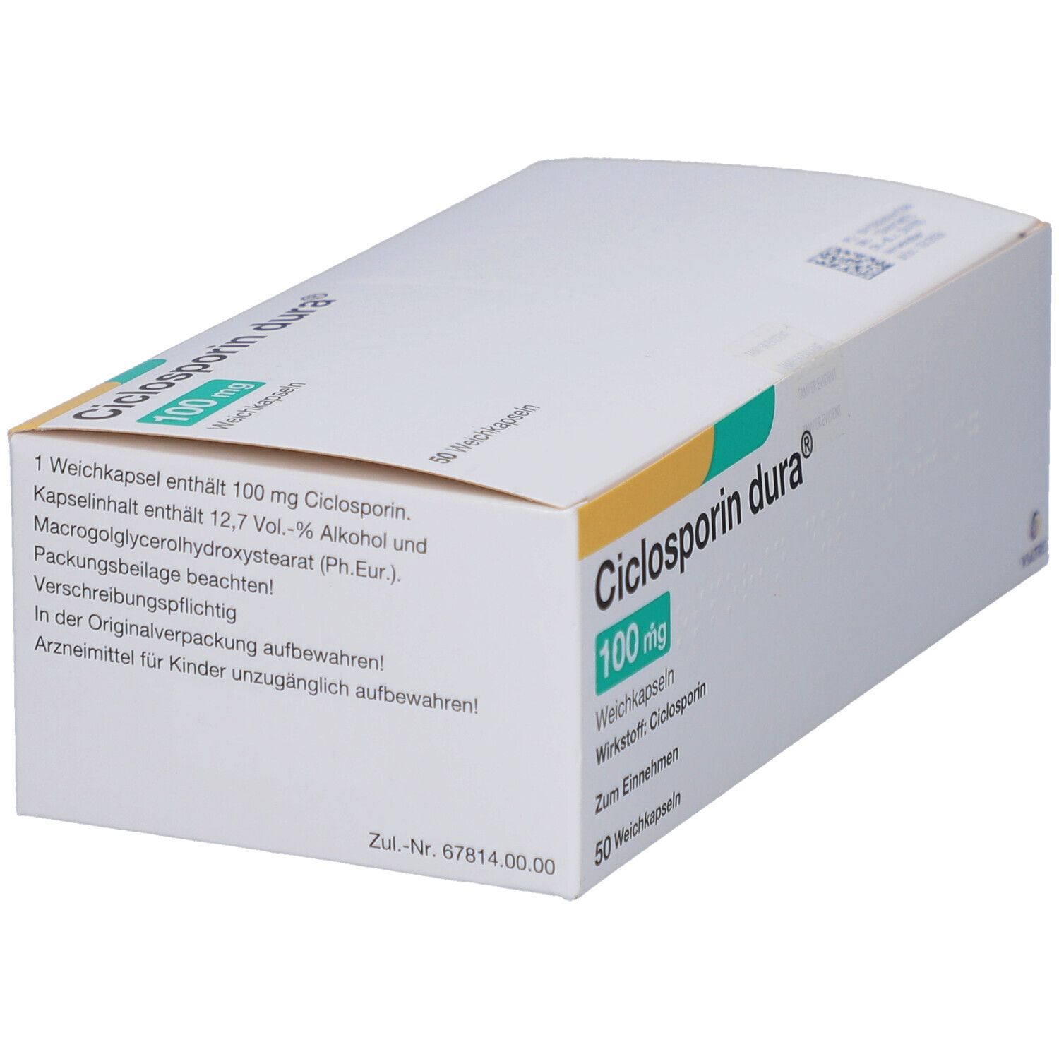 Ciclosporin dura® 100 mg Schachtel. Weiße Verpackung mit grüner und gelber Schrift. Textinformationen.