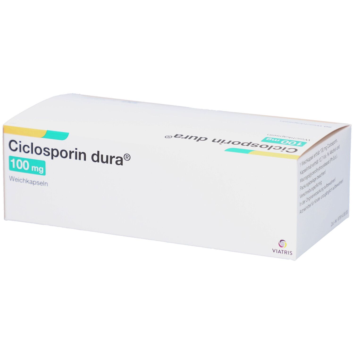 Ciclosporin dura® 100 mg Schachtel. Weiße Verpackung mit grüner und gelber Schrift. Viatris Logo.