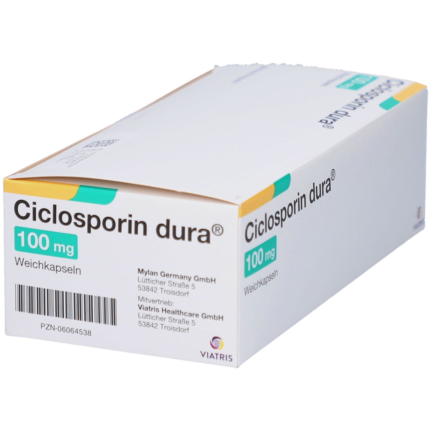 Ciclosporin dura® 100 mg Schachtel. Weiße Verpackung mit grüner und gelber Schrift. Viatris Logo.