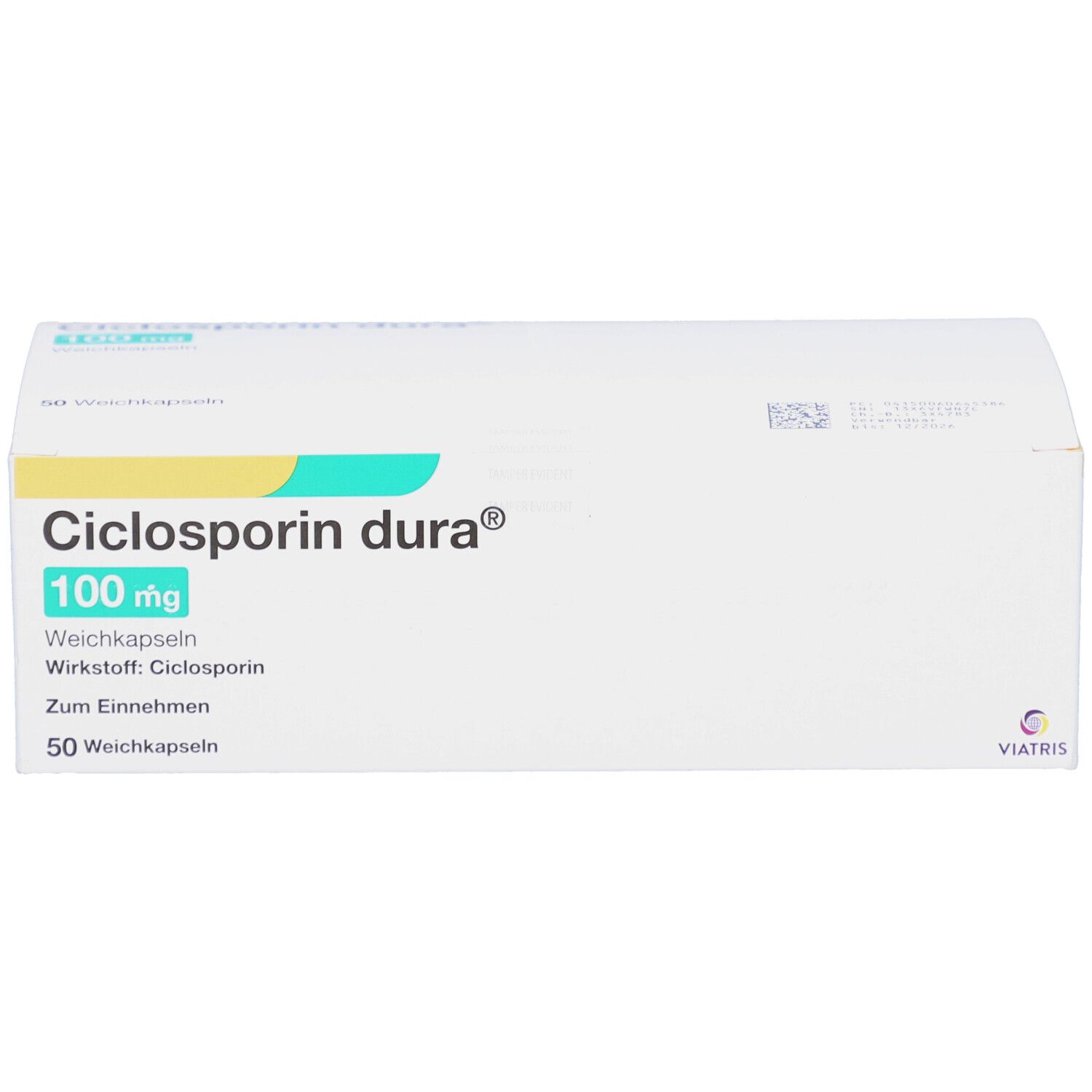 Ciclosporin dura® 100 mg Schachtel. Weiße Verpackung mit grüner und gelber Schrift. 50 Weichkapseln.