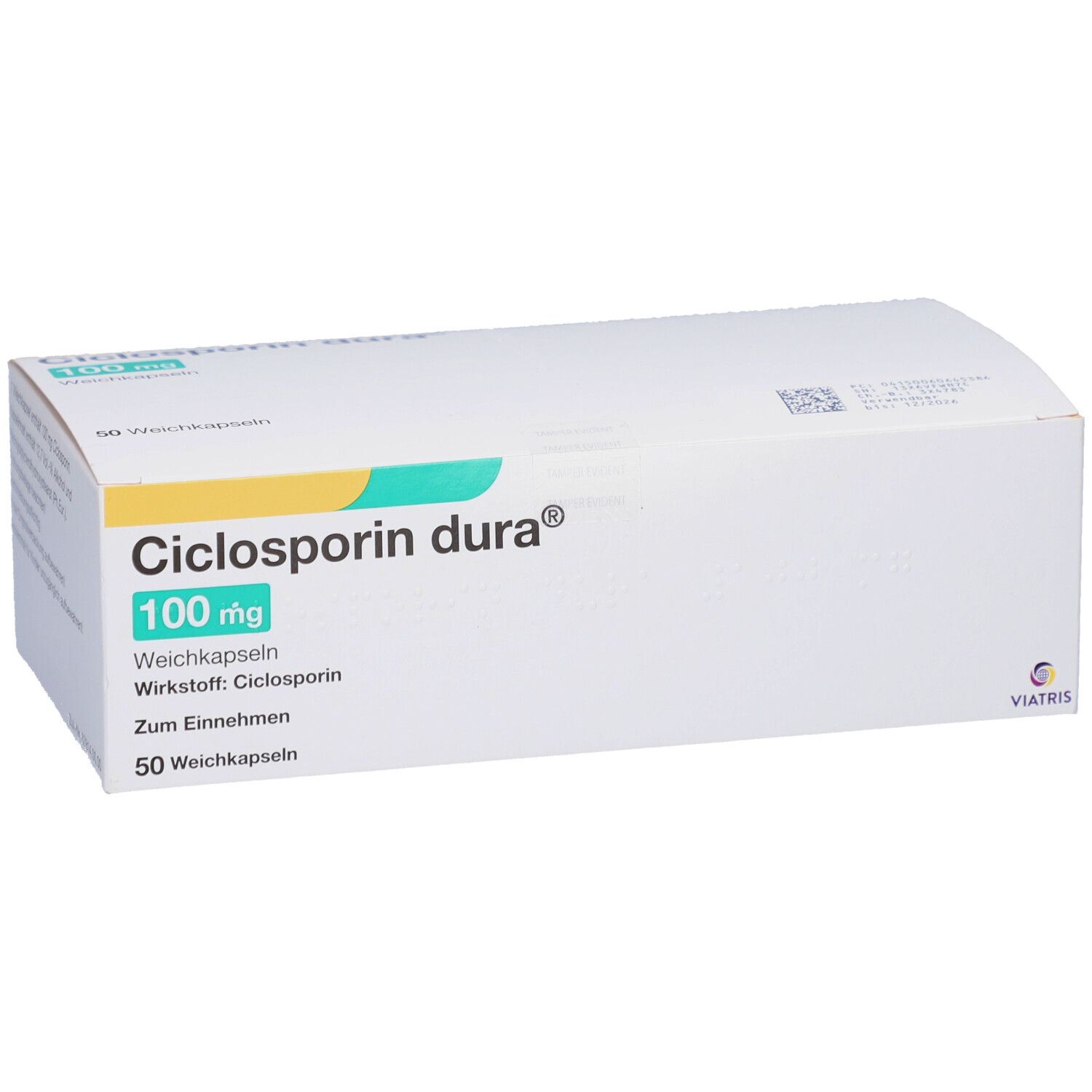 Ciclosporin dura® 100 mg Schachtel. Weiße Verpackung mit grüner und gelber Schrift. 50 Weichkapseln.