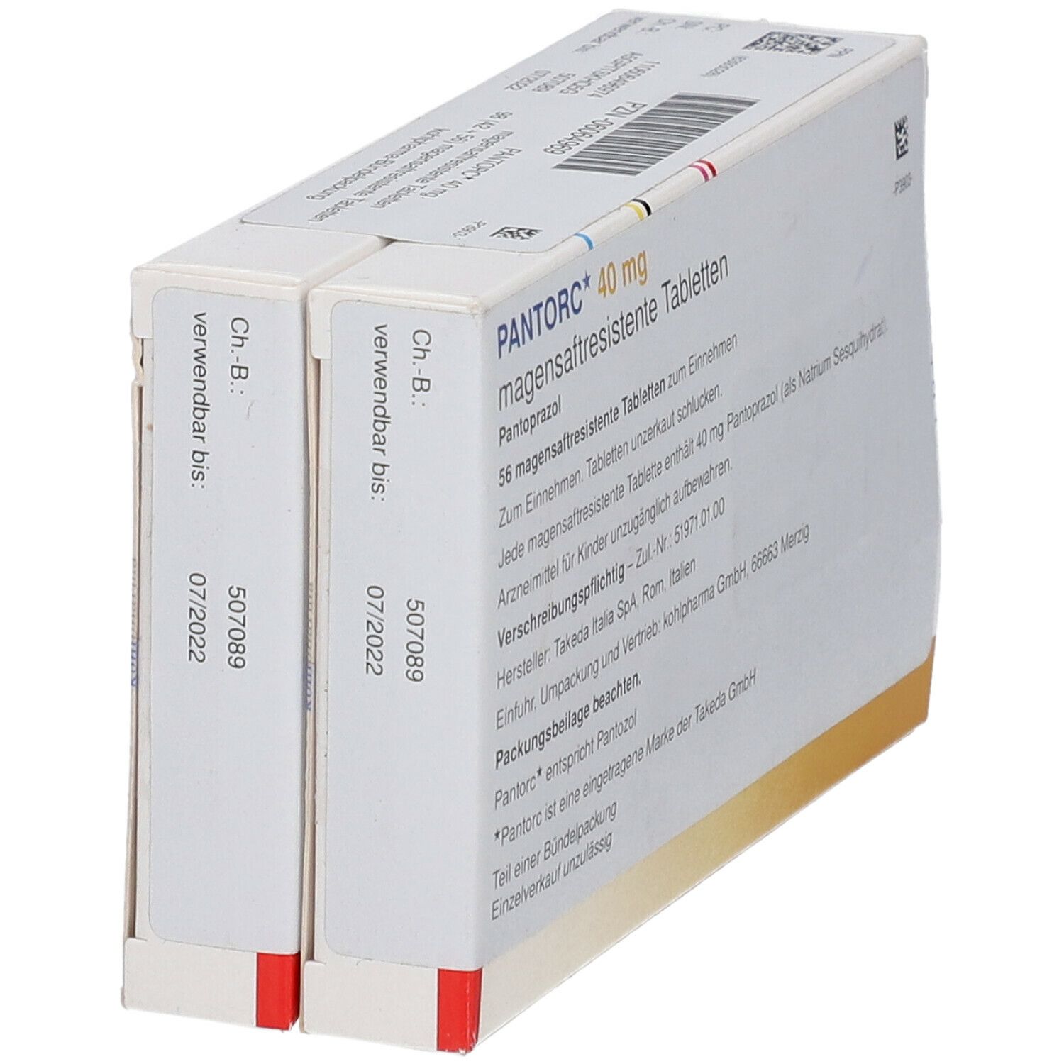 Zwei weiße Schachteln mit Aufschrift PANTORC 40 mg. Aufdruck mit Verfallsdatum 07/2022. Text in deutscher Sprache.