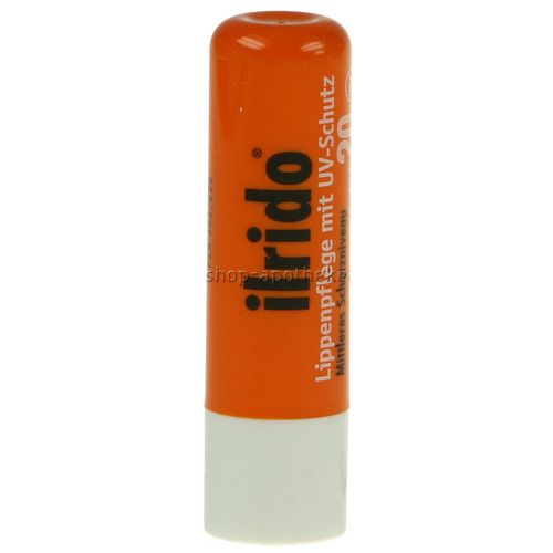 Lippenpflegestift mit UV-Schutz. Orangefarbener Stift mit weißem Boden. Schriftzug: irido. Text: Lippenpflege mit UV-Schutz LSF 20.