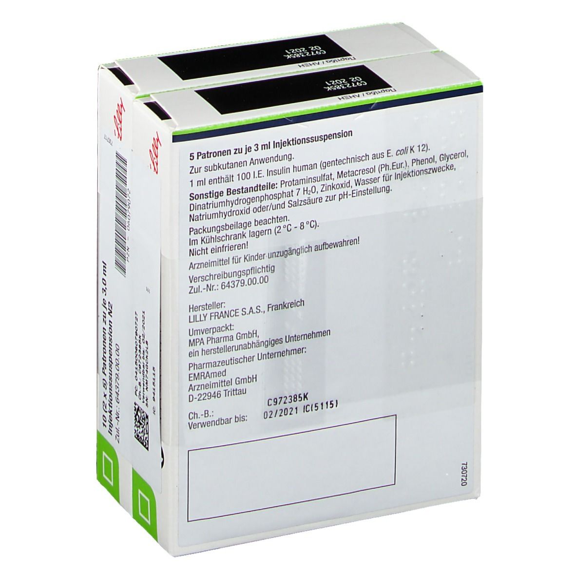 Rückseite von zwei Humulin Basal NPH Packungen. Text in Deutsch über Inhaltsstoffe, Hersteller und Verfallsdatum. Lilly-Logo.