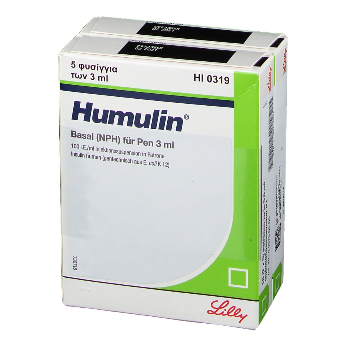 Humulin Basal NPH Packung. Grüne und weiße Verpackung mit Produktnamen und Lilly-Logo. Text in Deutsch und Griechisch.