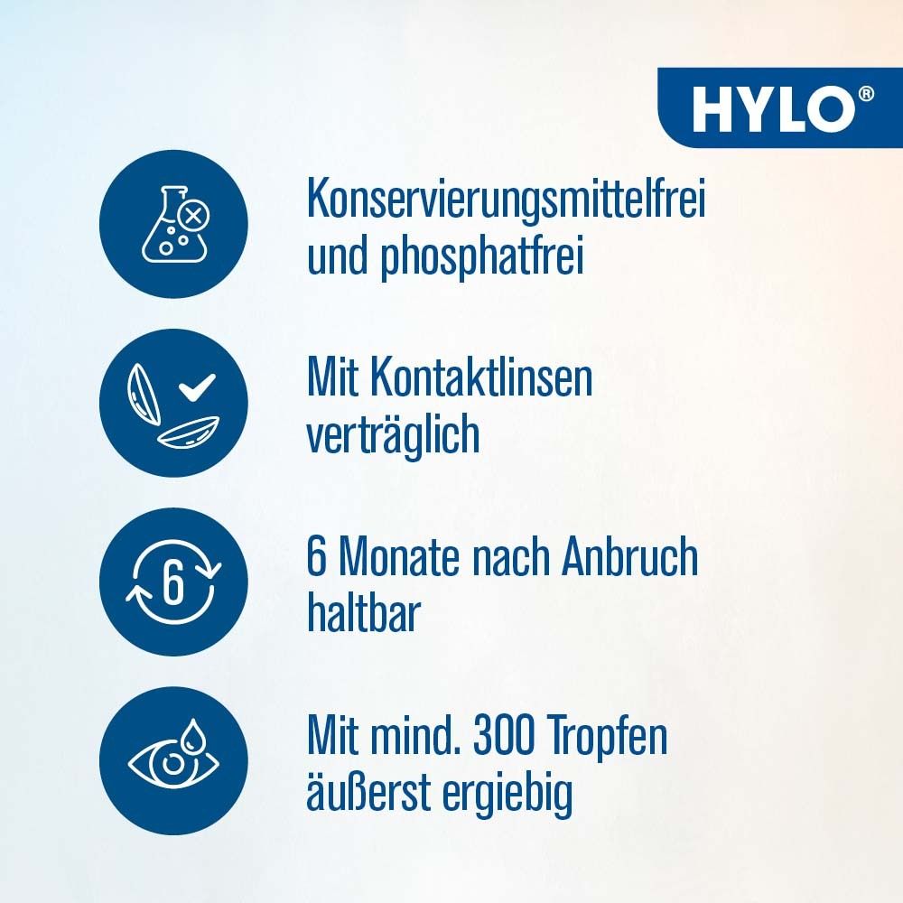 Text auf blauem Hintergrund. Informationen zu HYLO®-GEL: konservierungsmittelfrei, mit Kontaktlinsen, 6 Monate haltbar, 300 Tropfen.