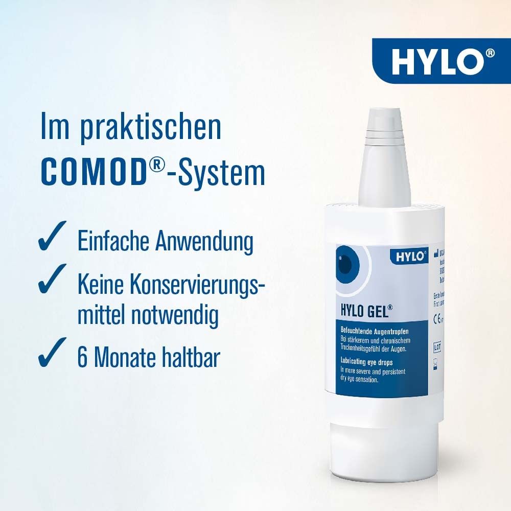 Flasche und Verpackung von HYLO®-GEL. Flasche im praktischen COMOD®-System. Einfache Anwendung, ohne Konservierungsmittel, 6 Monate haltbar.