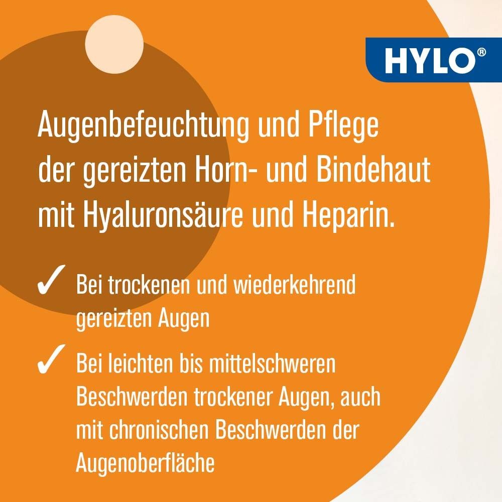 Text auf orangefarbenem Hintergrund. Augenbefeuchtung und Pflege. Bei trockenen Augen. Bei leichten bis mittelschweren Beschwerden.