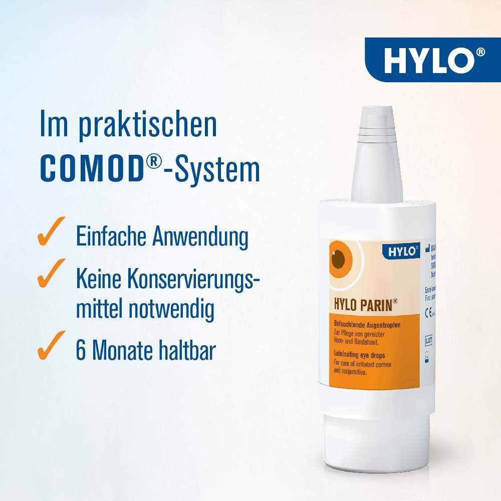 HYLO-PARIN®-Flasche. Im praktischen COMOD®-System. Einfache Anwendung. Keine Konservierungsmittel. 6 Monate haltbar.