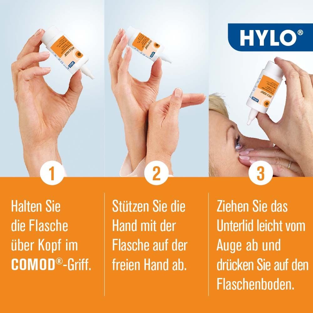 Drei Bilder zeigen die Anwendung von HYLO-PARIN®: Flasche halten, Hand abstützen, Unterlid ziehen und drücken.