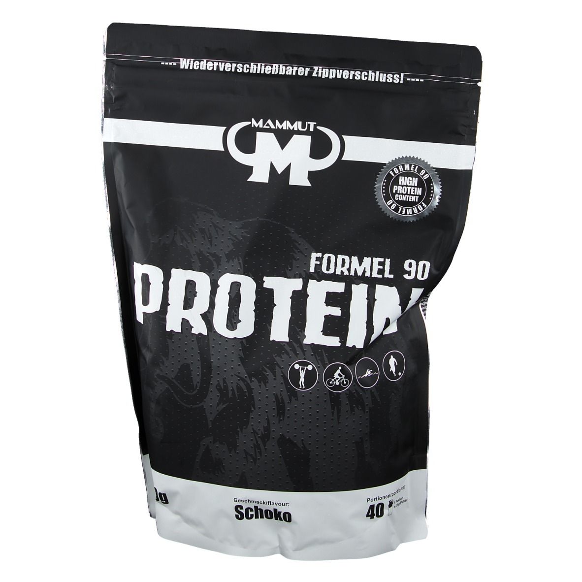 Schwarze Protein-Verpackung mit weißer Schrift. Enthält "MAMMUT", "FORMEL 90 PROTEIN", "Schoko". Siegel: High Protein Content.