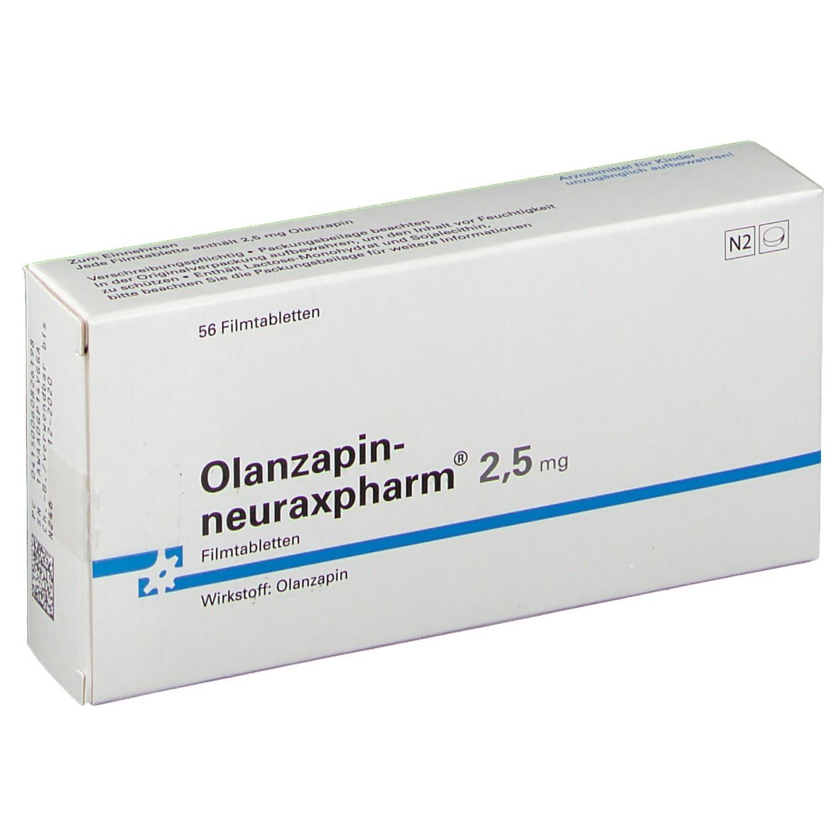 Weiße Medikamentenverpackung mit der Aufschrift OLANZAPIN-neuraxpharm 2,5 mg. Enthält 56 Filmtabletten. Blaue Linie unter dem Produktnamen.