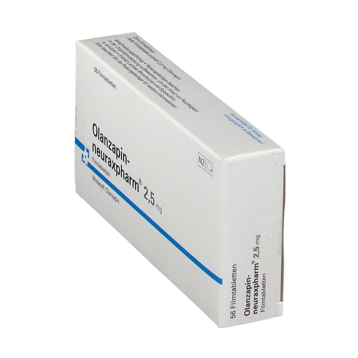Schräg stehende Medikamentenverpackung mit OLANZAPIN-neuraxpharm 2,5 mg. Enthält 56 Filmtabletten. Blaue Linie unter dem Produktnamen.