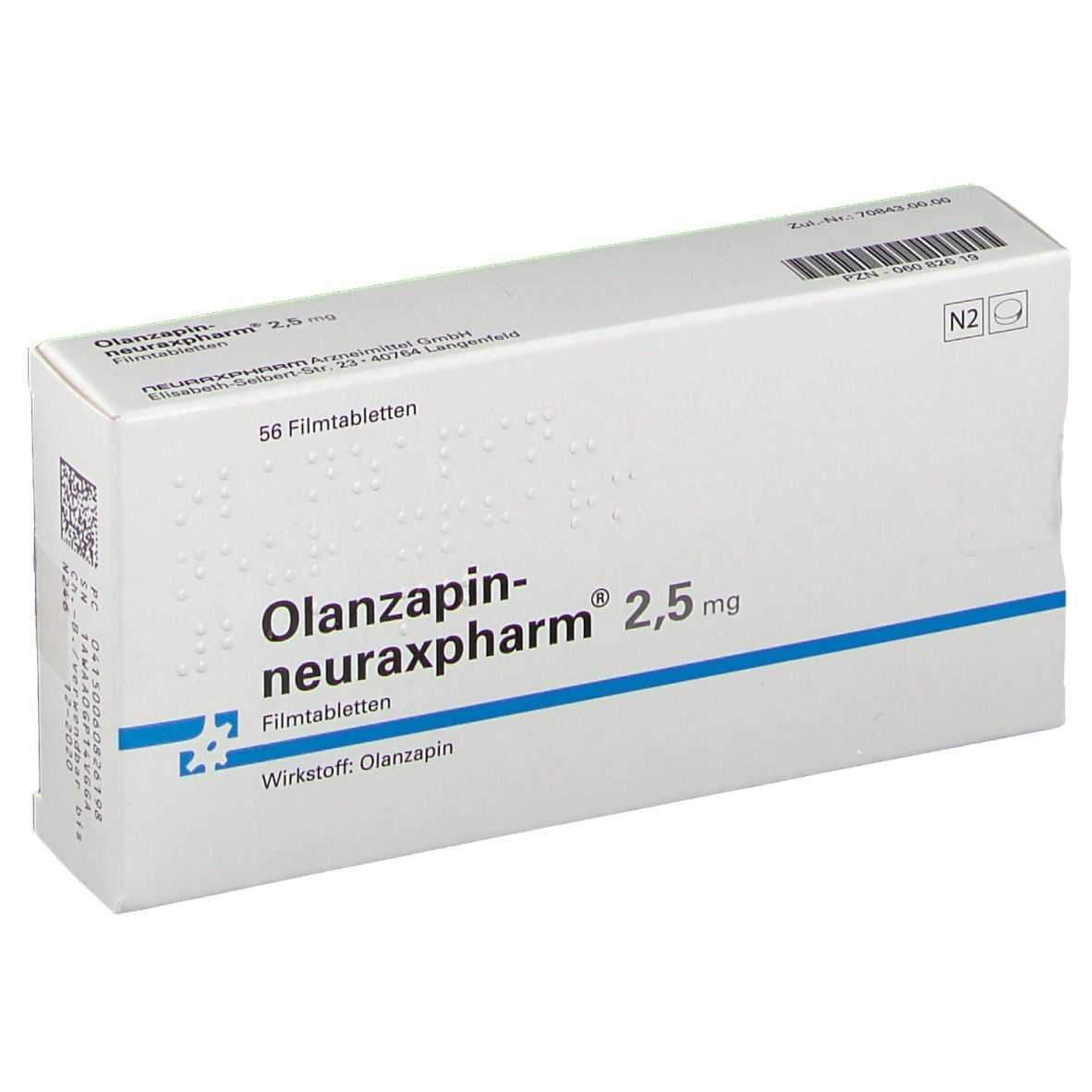 Medikamentenverpackung mit OLANZAPIN-neuraxpharm 2,5 mg. Enthält 56 Filmtabletten. Barcode und N2-Kennzeichnung. Blaue Linie unter dem Produktnamen.