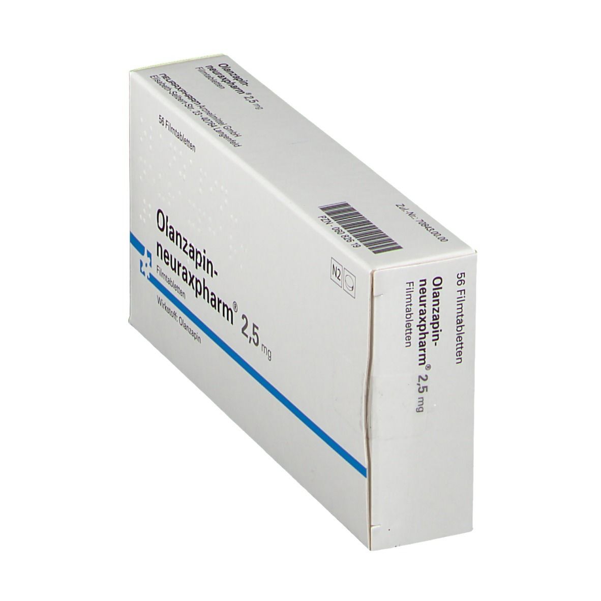 Schräg stehende Medikamentenverpackung mit OLANZAPIN-neuraxpharm 2,5 mg. Enthält 56 Filmtabletten. N2-Kennzeichnung.