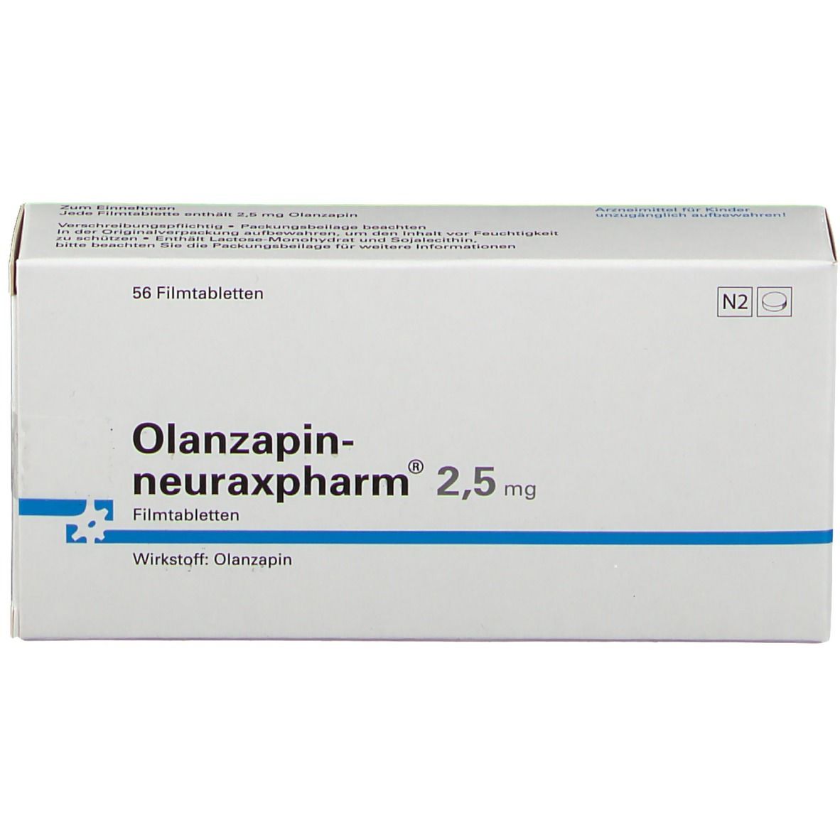 Medikamentenverpackung mit OLANZAPIN-neuraxpharm 2,5 mg. Enthält 56 Filmtabletten. N2-Kennzeichnung. Blaue Linie unter dem Produktnamen.
