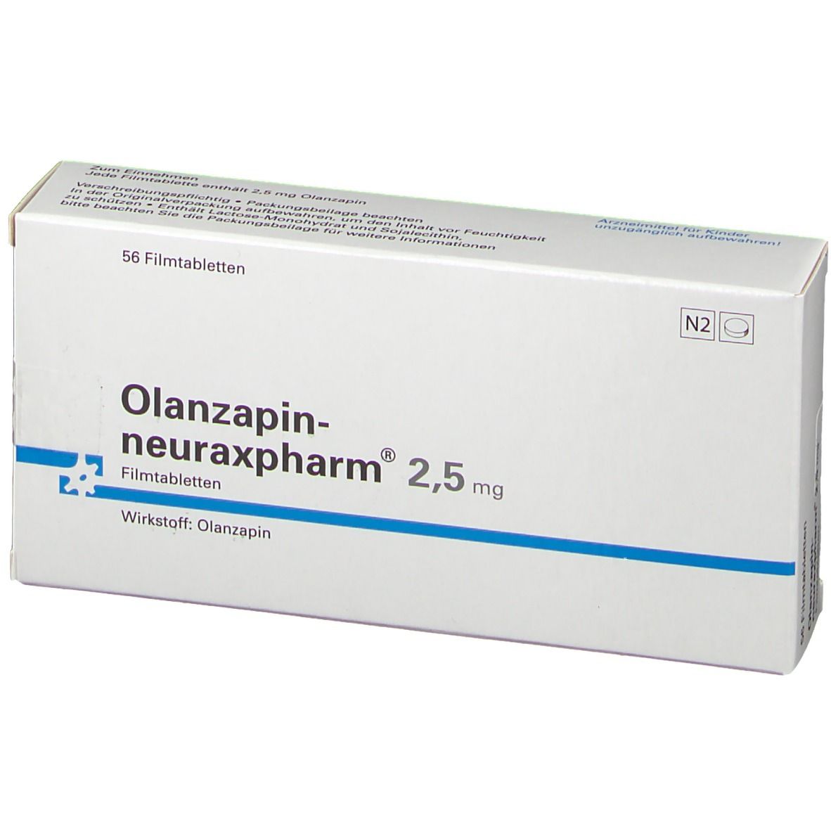 Medikamentenverpackung mit OLANZAPIN-neuraxpharm 2,5 mg. Enthält 56 Filmtabletten. N2-Kennzeichnung. Blaue Linie unter dem Produktnamen.