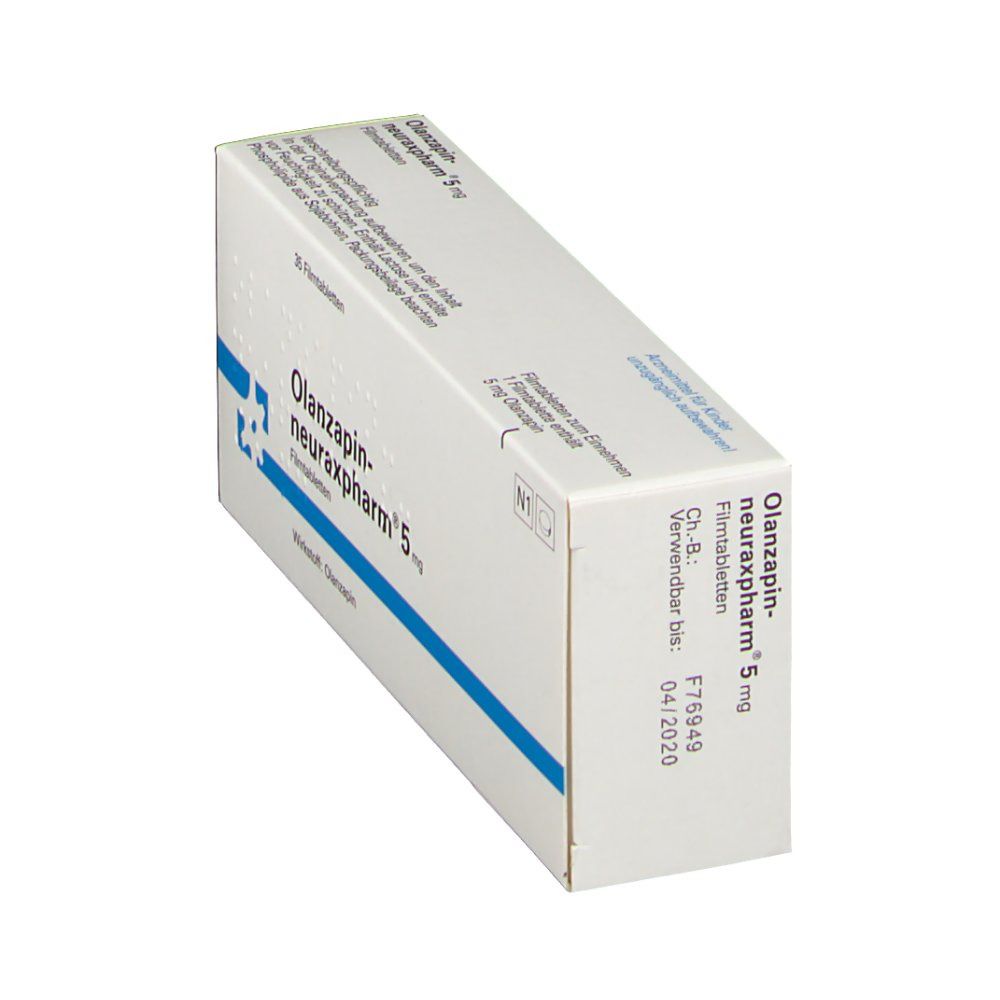 Schachtel OLANZAPIN-NEURAX 5 mg, schräg. Weiß mit blauer Linie und Schriftzug. Verfallsdatum 04/2020.