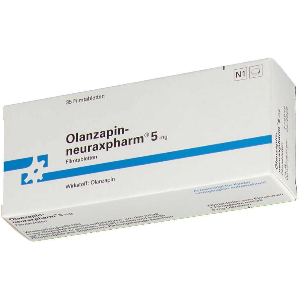 Schachtel OLANZAPIN-NEURAX 5 mg. Weiß mit blauer Linie und Schriftzug. 35 Filmtabletten. Wirkstoff: Olanzapin.