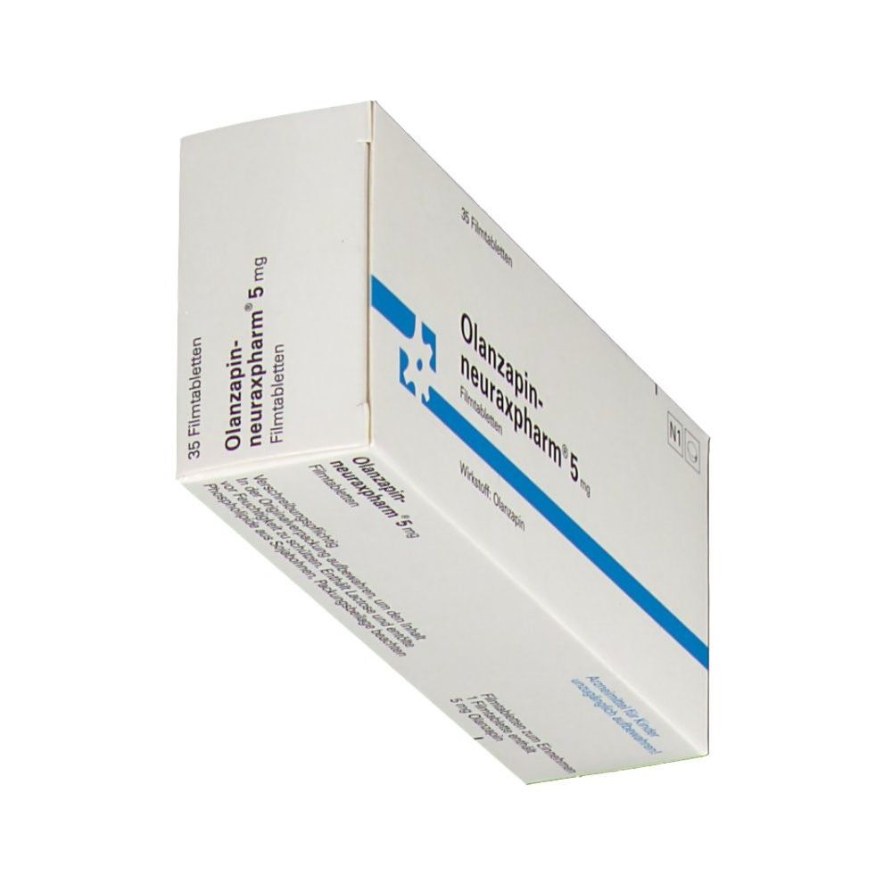 Schachtel OLANZAPIN-NEURAX 5 mg, schräg. Weiß mit blauer Linie und Schriftzug. 35 Filmtabletten.