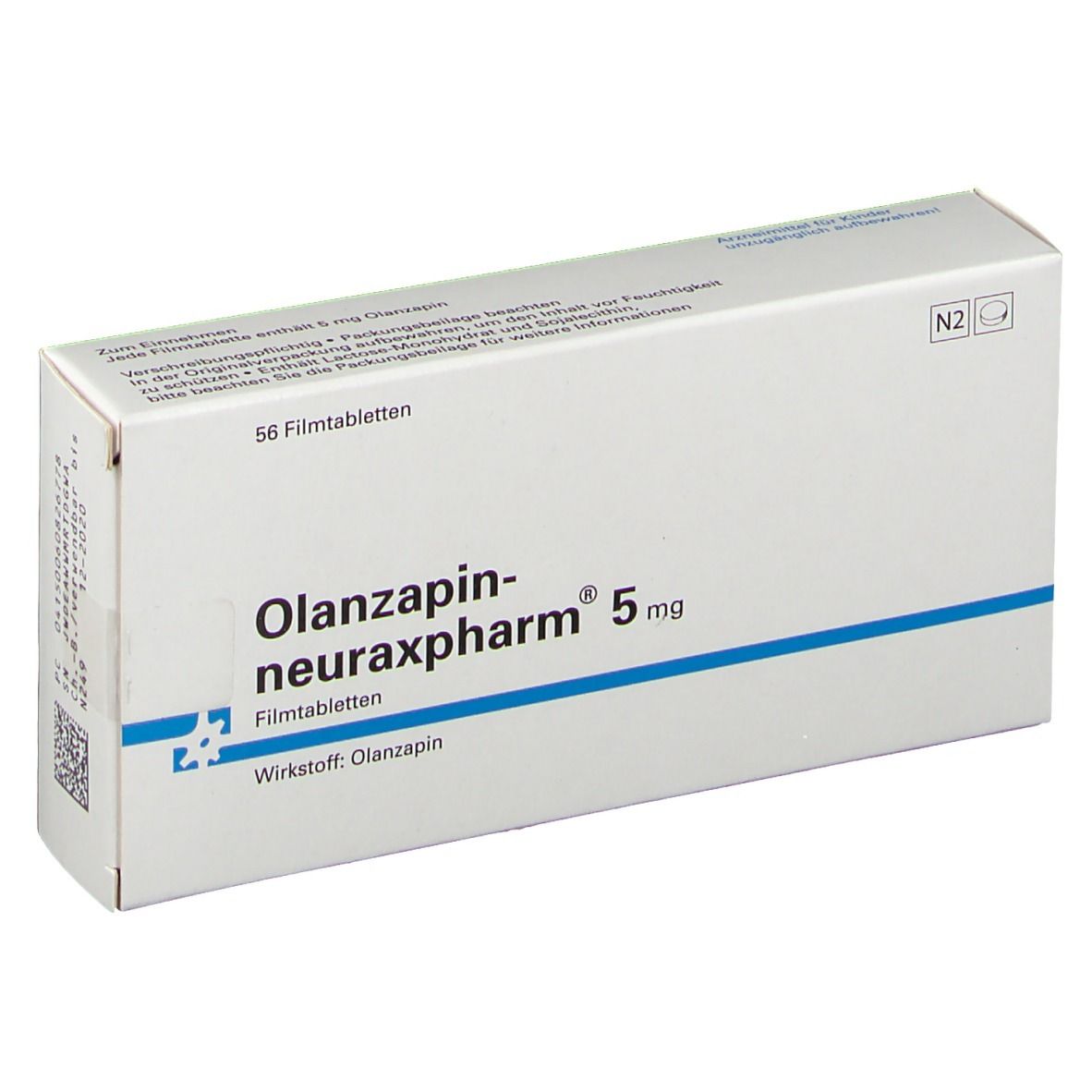 Schachtel mit OLANZAPIN-neuraxpharm 5 mg. 56 Filmtabletten. Blaue Linie. Text: Wirkstoff: Olanzapin.