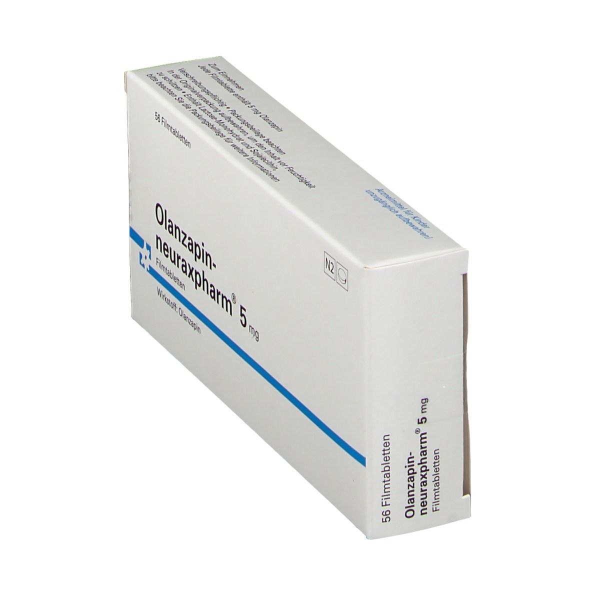 Schachtel OLANZAPIN-neuraxpharm 5 mg. 56 Filmtabletten. Blaue Linie. Text: Wirkstoff: Olanzapin. Schachtel schräg.