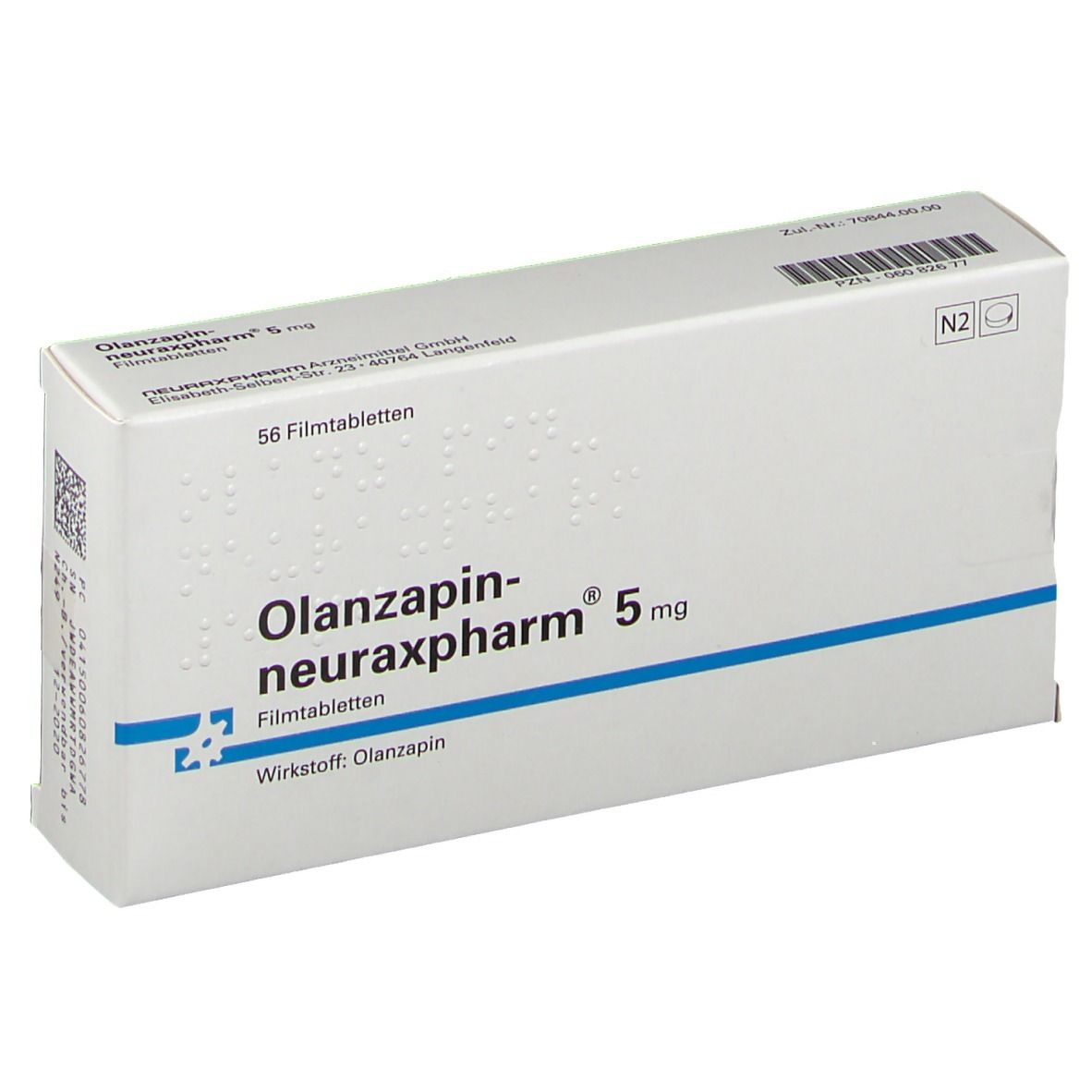 Schachtel mit OLANZAPIN-neuraxpharm 5 mg. 56 Filmtabletten. Blaue Linie. Text: Wirkstoff: Olanzapin.