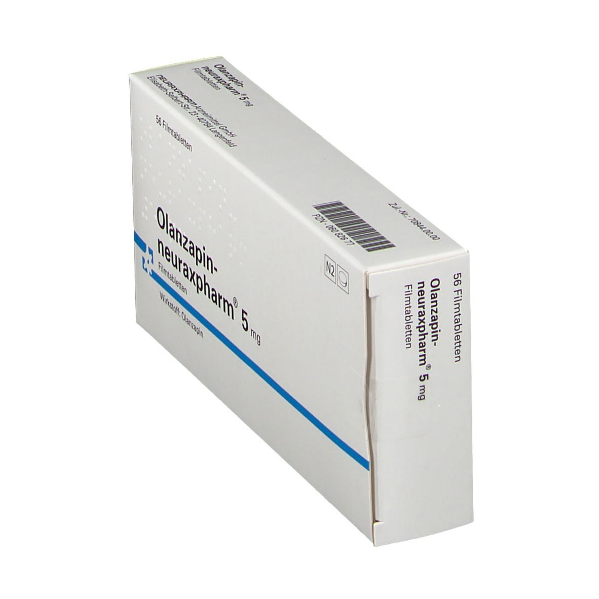 Schachtel OLANZAPIN-neuraxpharm 5 mg. 56 Filmtabletten. Blaue Linie. Text: Wirkstoff: Olanzapin. Schachtel schräg.