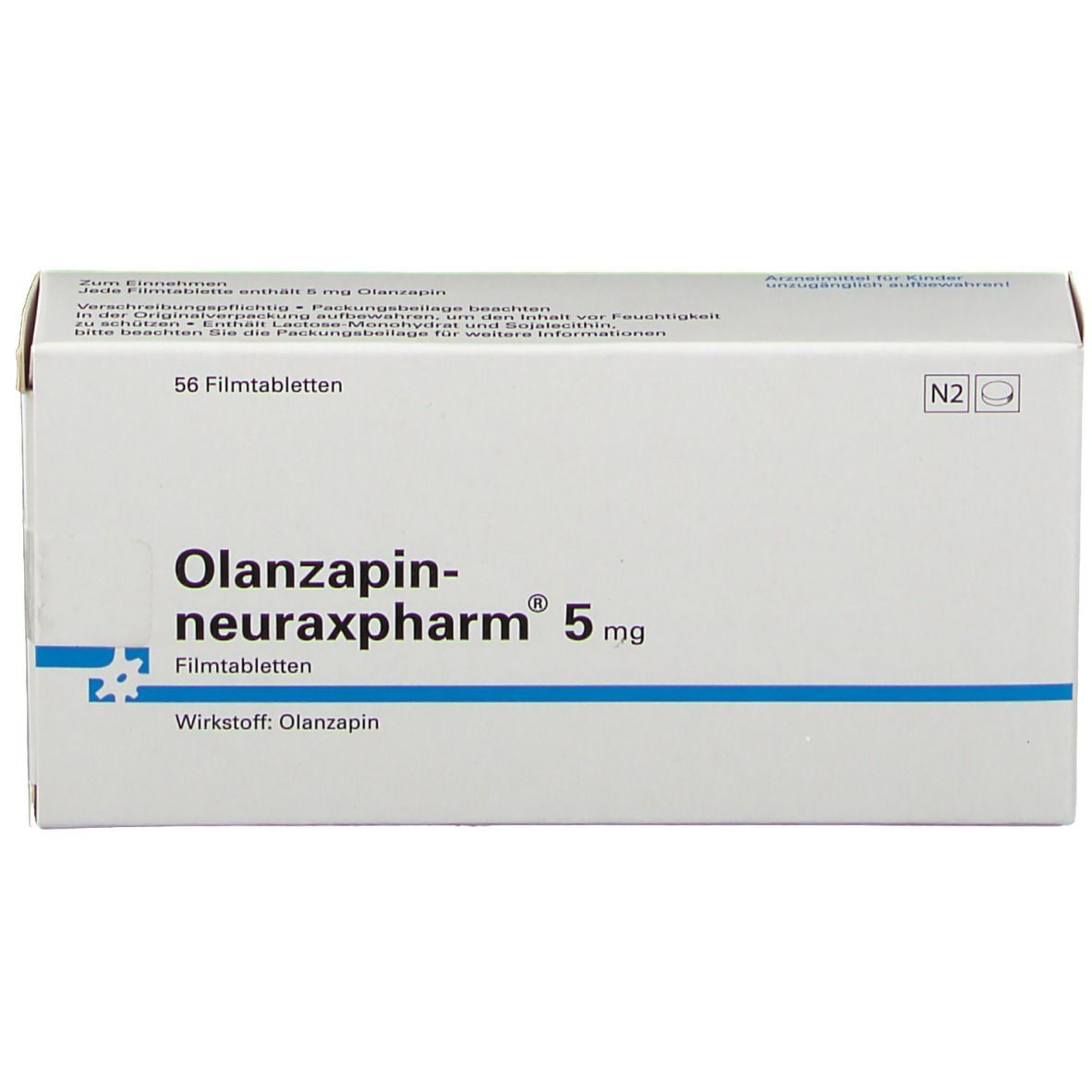 Schachtel mit OLANZAPIN-neuraxpharm 5 mg. 56 Filmtabletten. Blaue Linie. Text: Wirkstoff: Olanzapin.