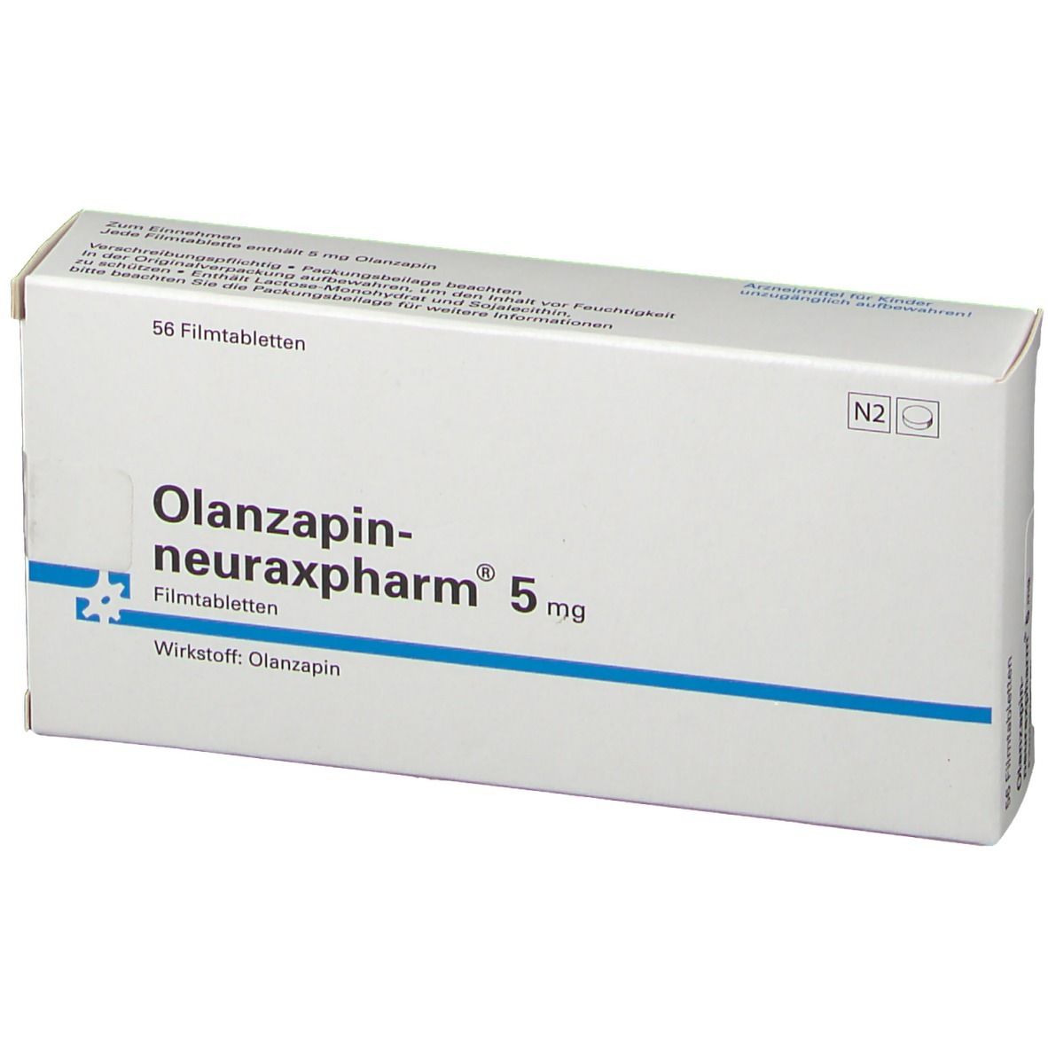Schachtel mit OLANZAPIN-neuraxpharm 5 mg. 56 Filmtabletten. Blaue Linie. Text: Wirkstoff: Olanzapin.